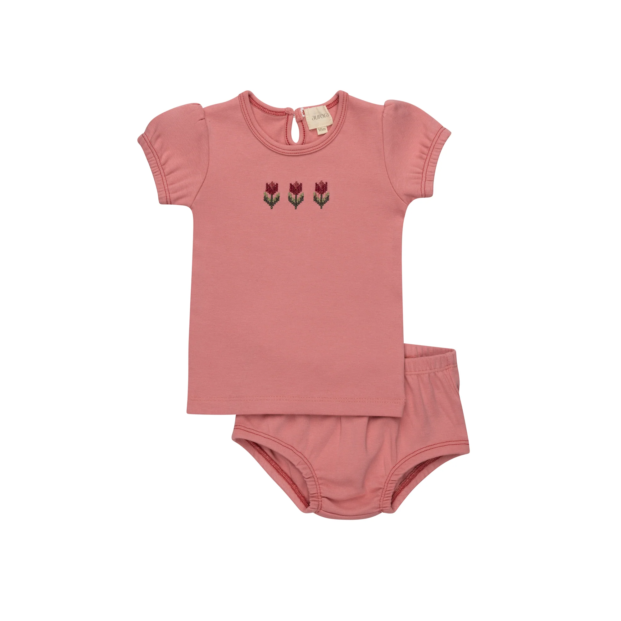 Aurora Cotton Crossstitch Tulip Collection Pink Tshirt + Bloomer