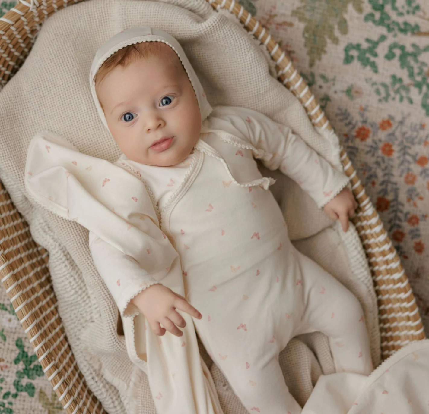 Aurora Jersey Cotton Butterfly/ Dragonfly Collection Ivory Pink Footie + Bonnet