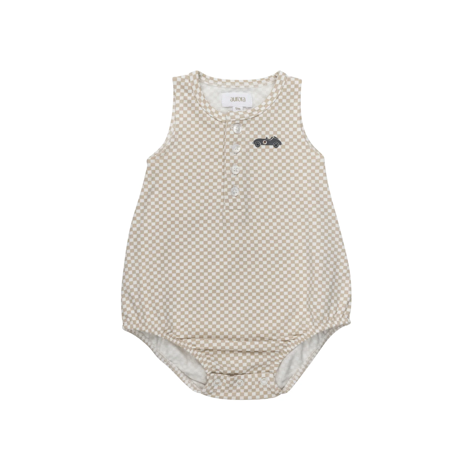 Aurora Jersey Cotton Checked Race Car Collection Tan Romper