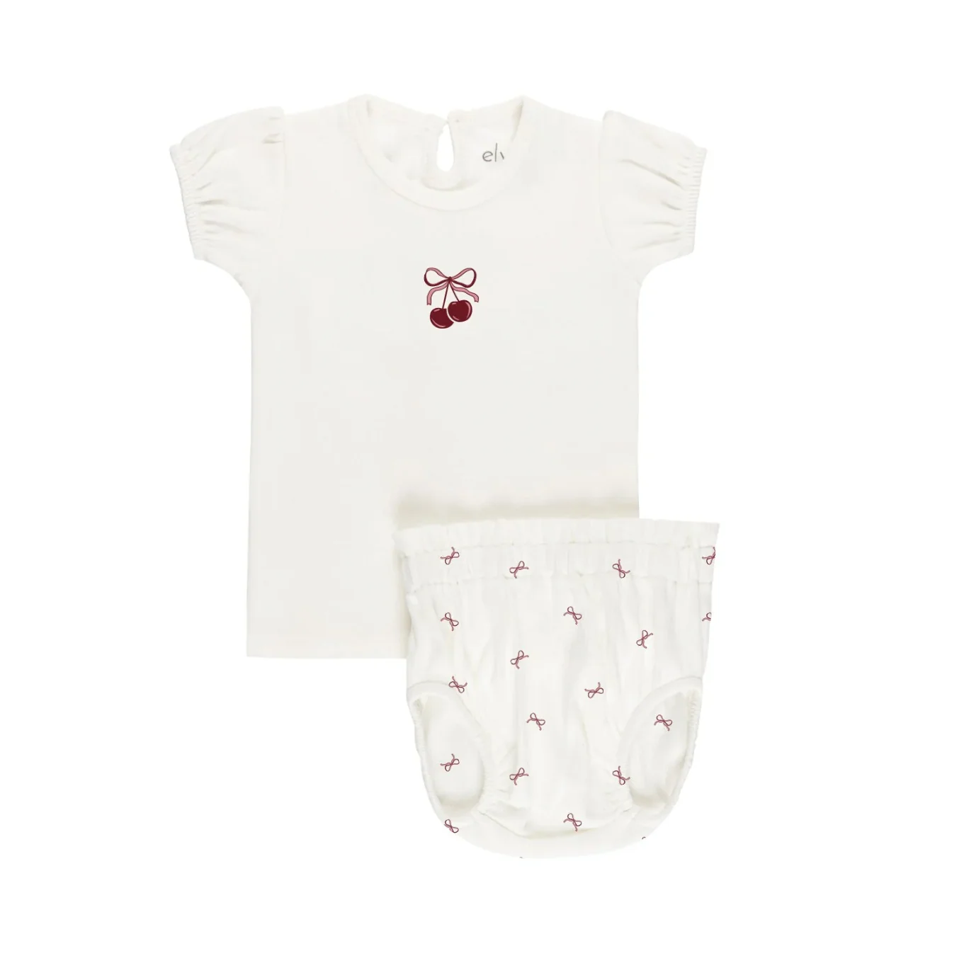 Aurora Pointelle Bow Print Collection Ivory Pink Tshirt + Bloomer