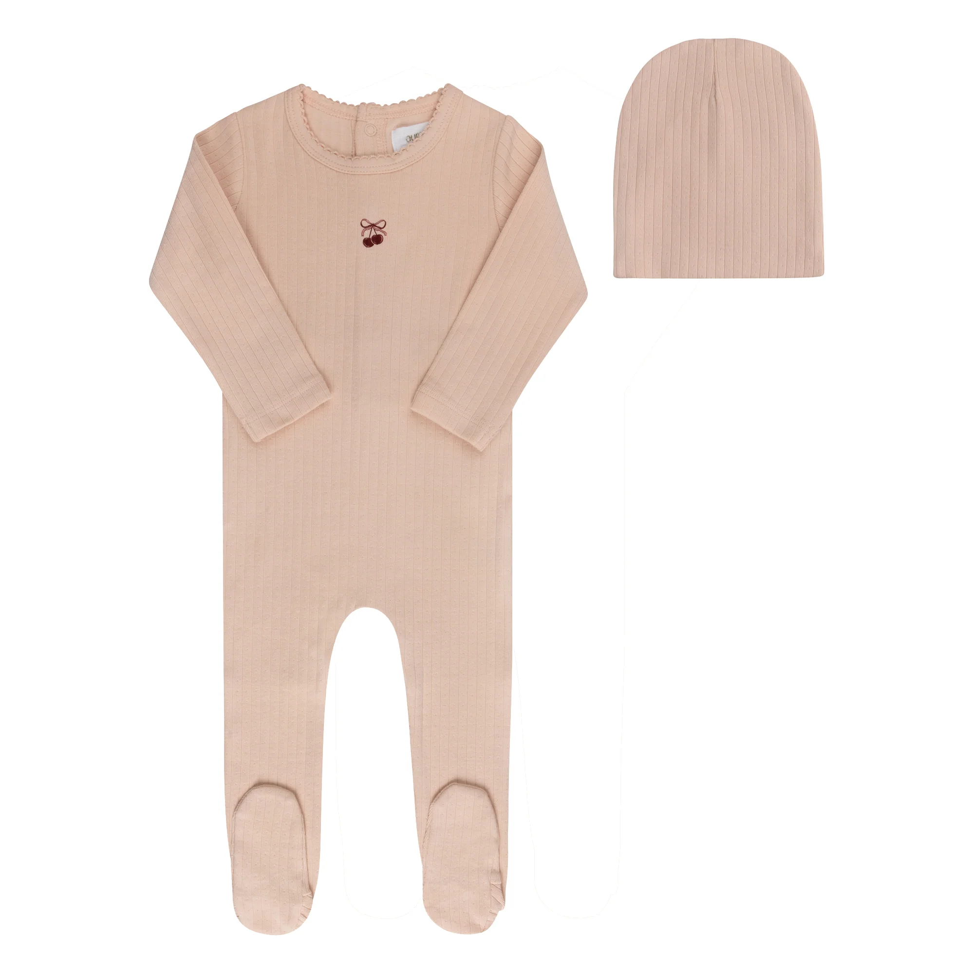 Aurora Pointelle Bow Print Collection Pink/Red Footie + Beanie