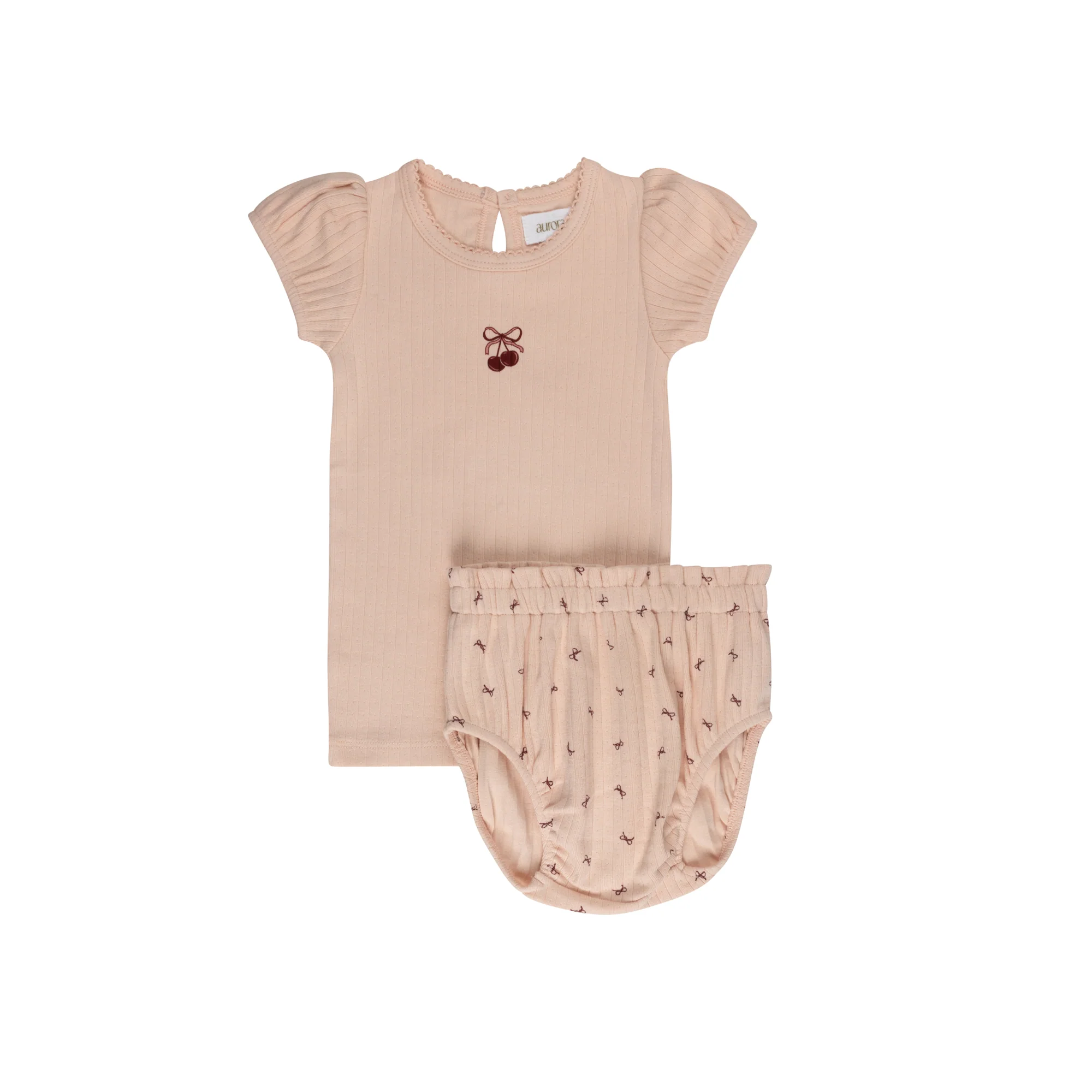 Aurora Pointelle Bow Print Collection Pink/Red Tshirt + Bloomer