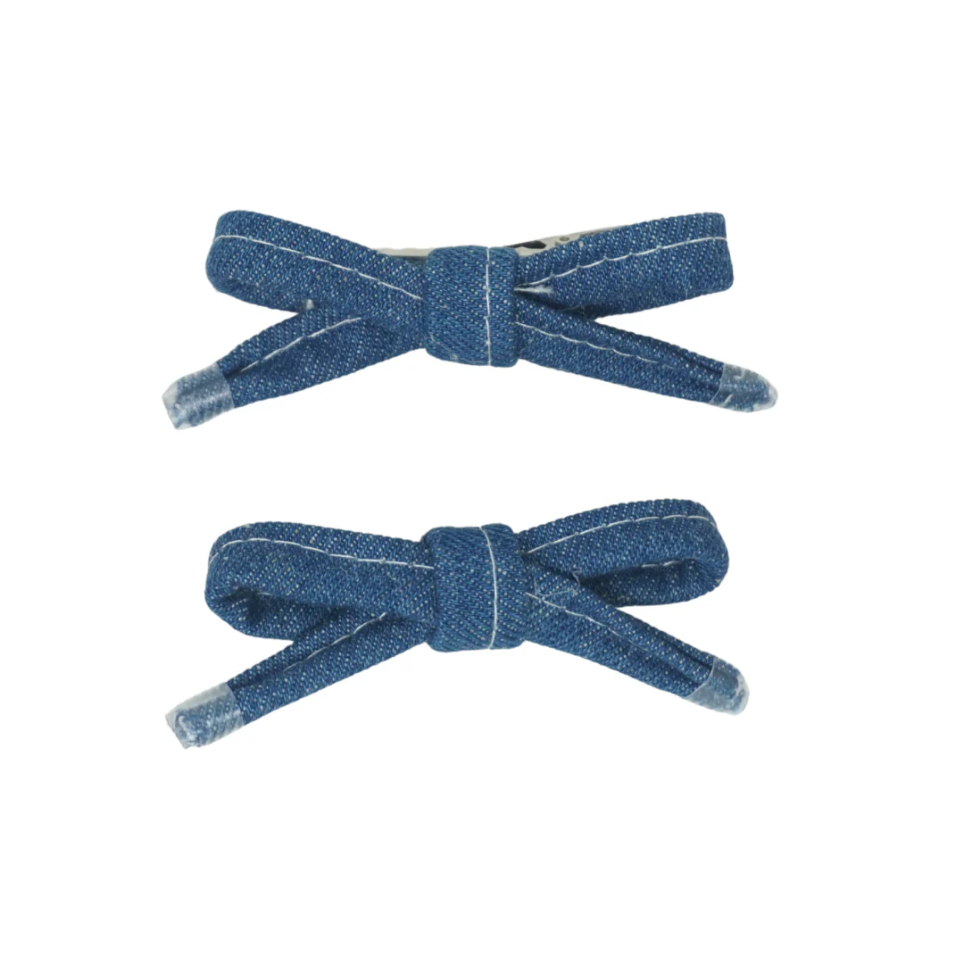 Bandeau Denim Shoelace Mini Bow Clip Set Mid Denim Final Sale