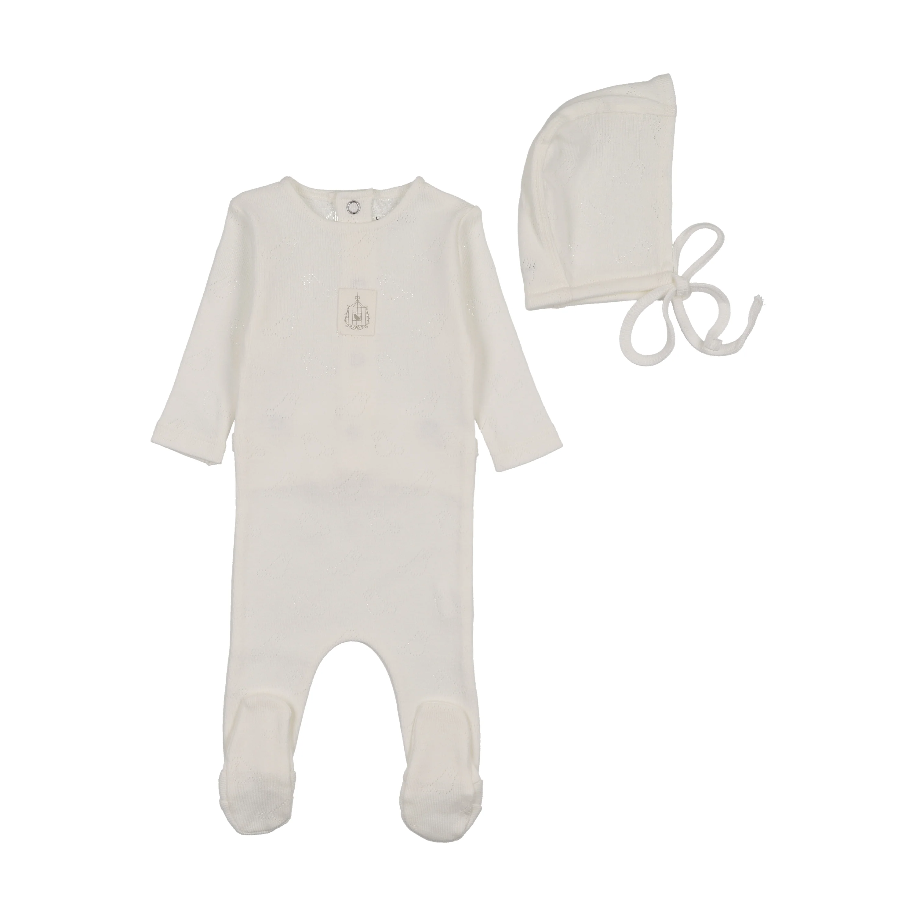Bee & Dee Bird Pointelle Footie/Bonnet Chalk White