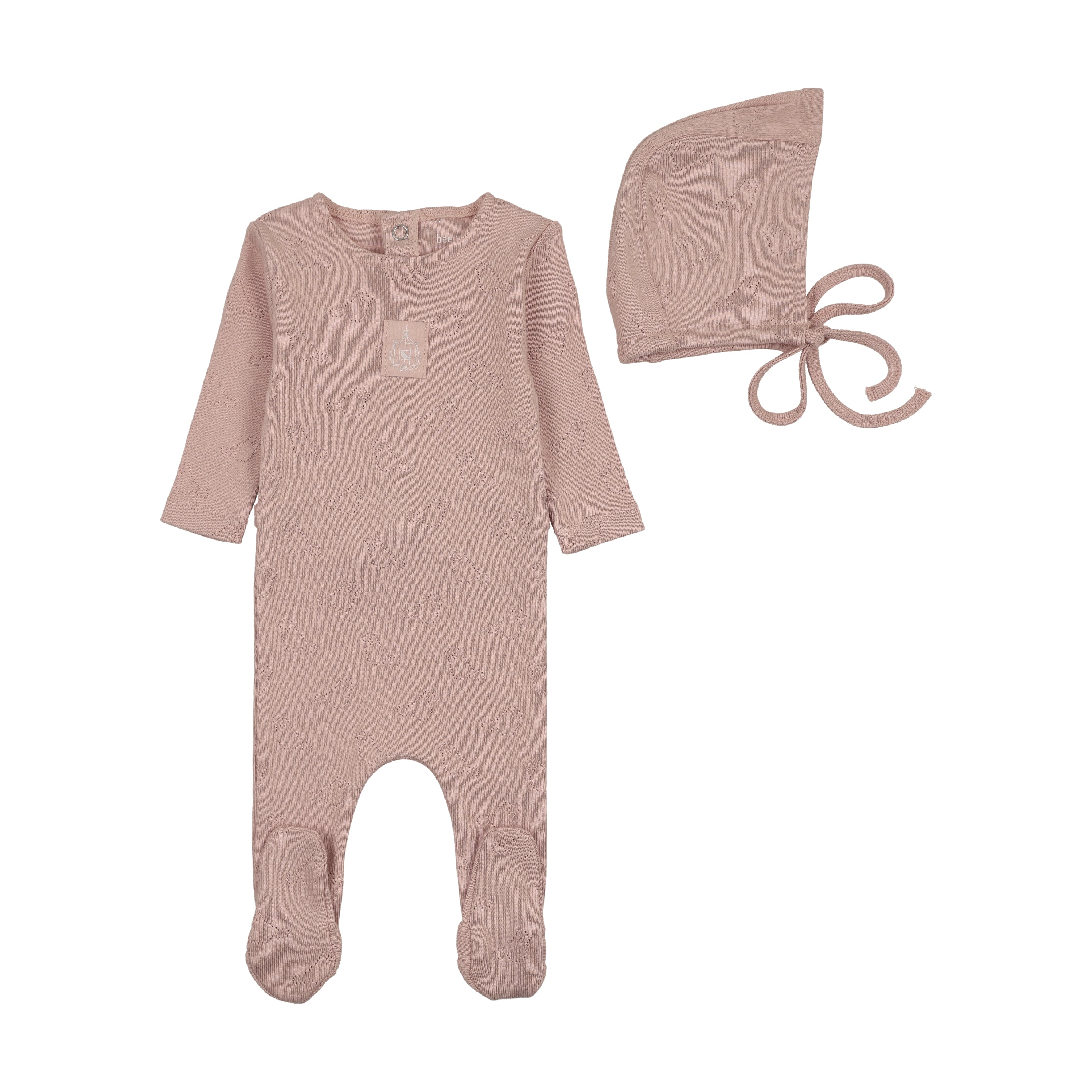Bee & Dee Bird Pointelle Footie/Bonnet Muted Pink