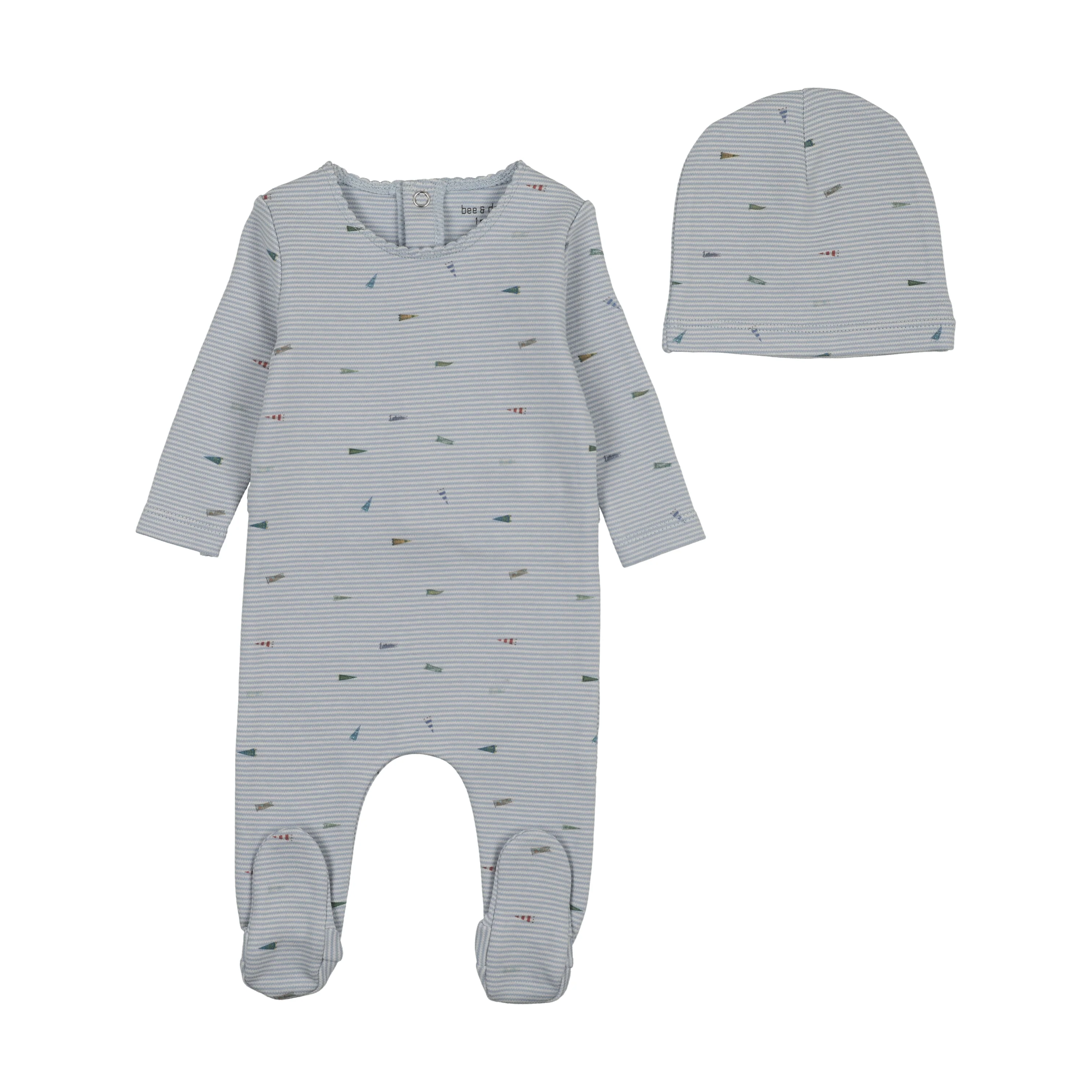 Bee & Dee Flag/Bow Print Footie/Beanie Blue Fog
