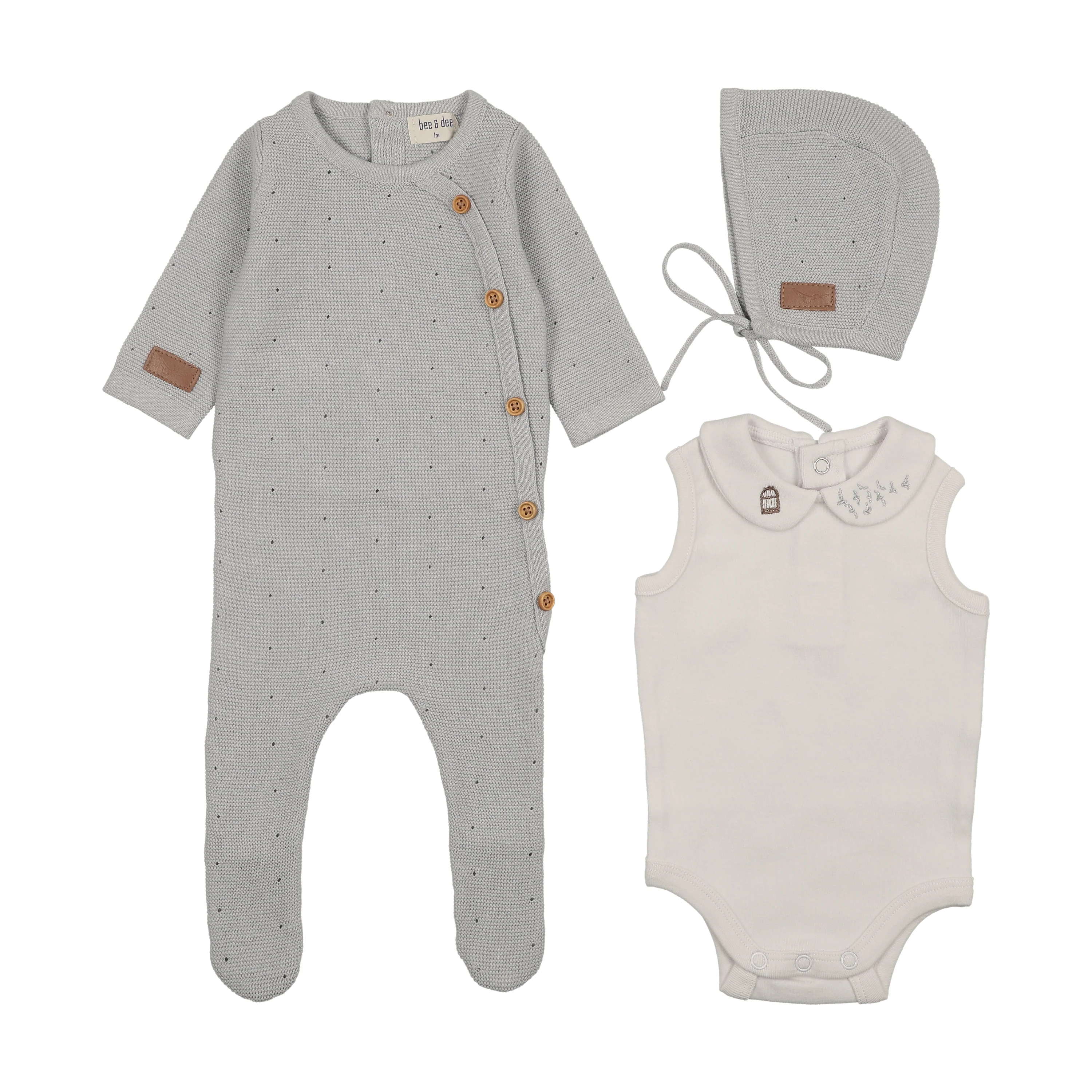 Bee & Dee Leather Knit Footie/Bonnet Dusty Blue