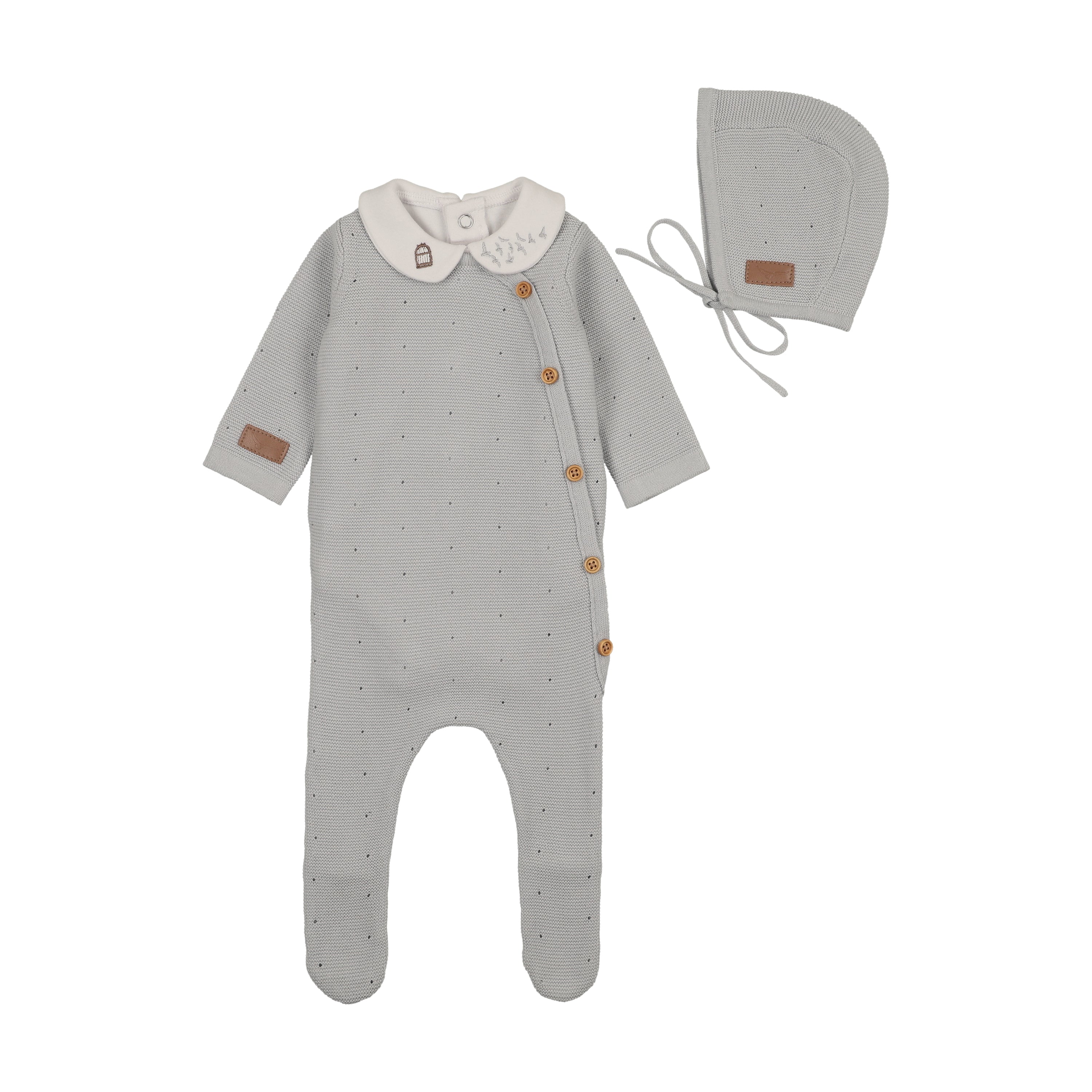 Bee & Dee Leather Knit Footie/Bonnet Dusty Blue - Image 2