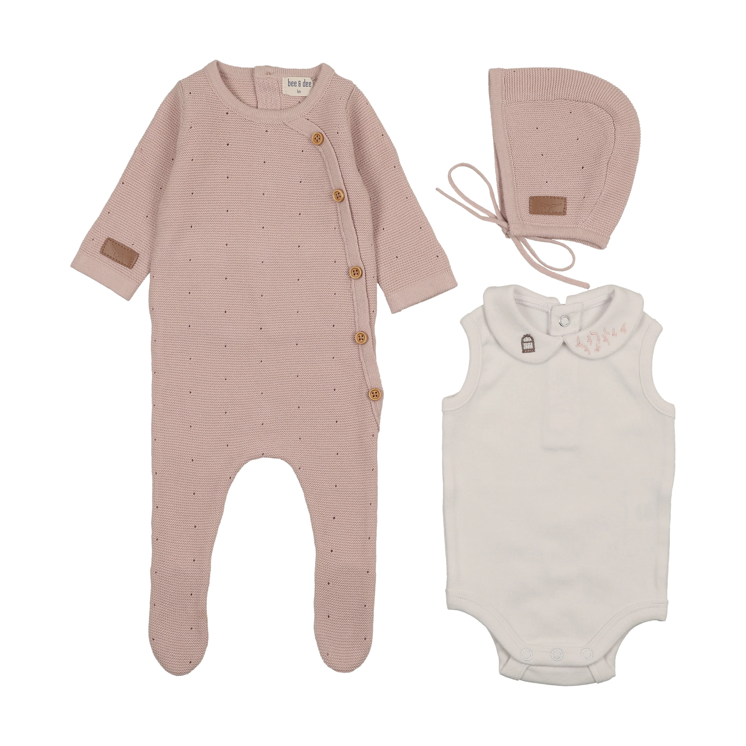 Bee & Dee Leather Knit Footie/Bonnet Muted Pink - Image 2