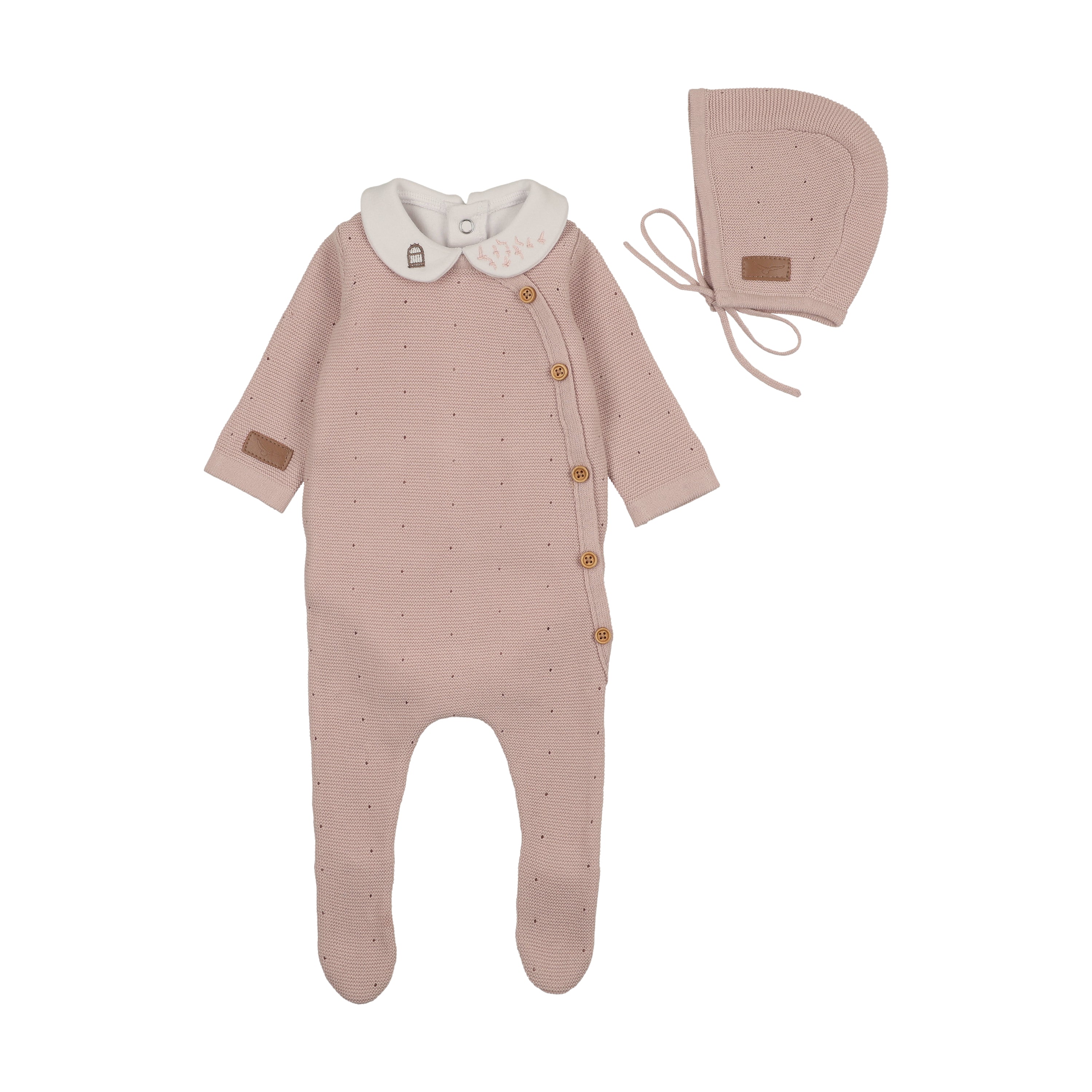 Bee & Dee Leather Knit Footie/Bonnet Muted Pink Open Feet - Image 2