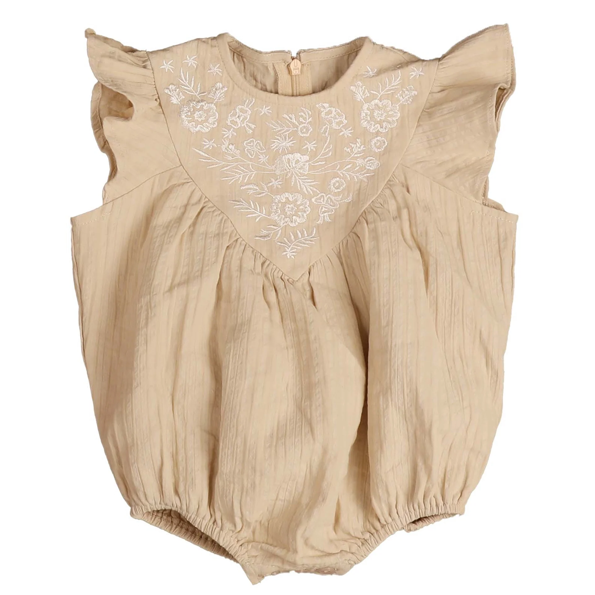 Belati Beige Crinkle Textured Embroidered V Yoke Baby Romper (bbb512)