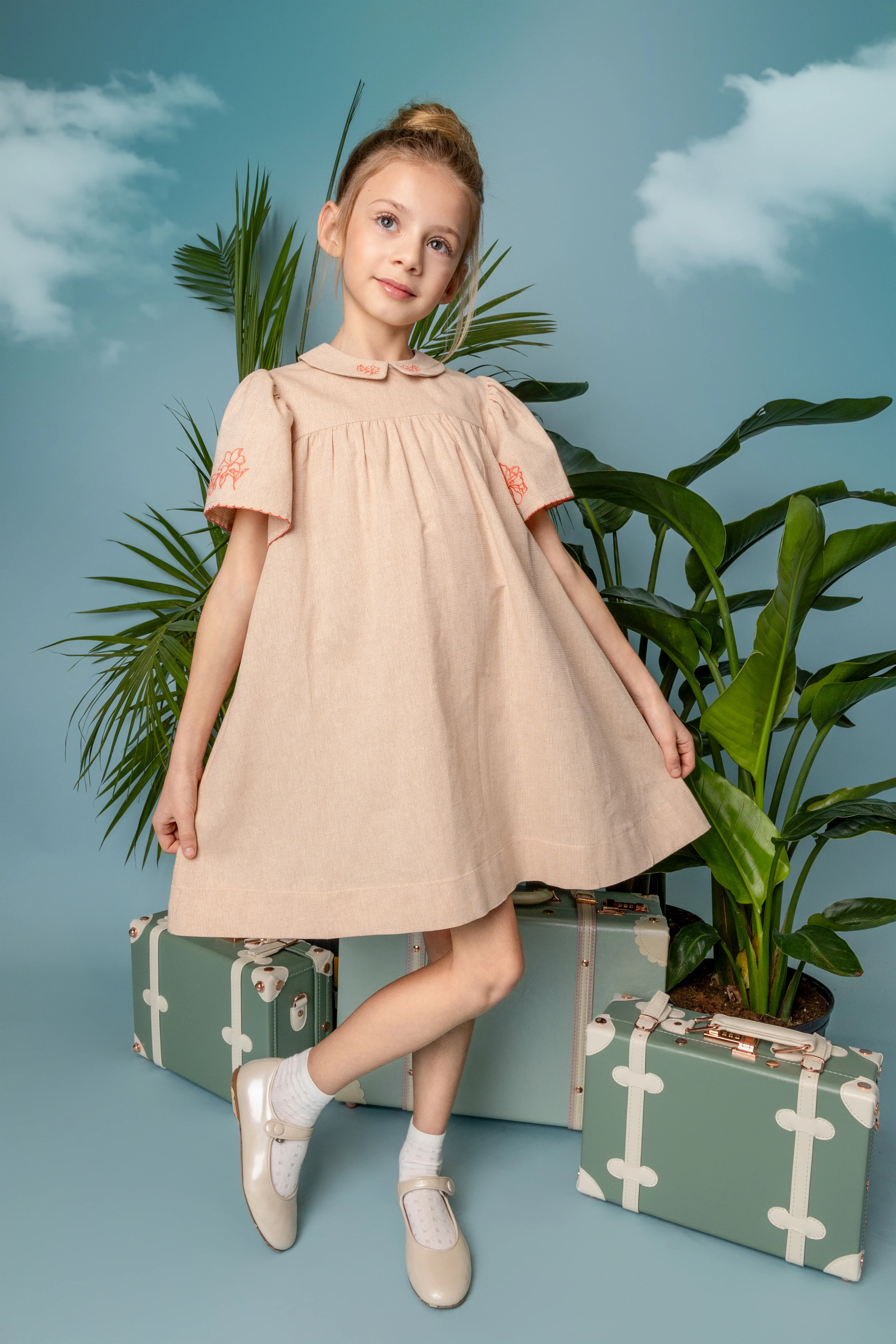 Belati Pink Collared Dress With Embroidered Sleeve Border (BDR518) - Image 2