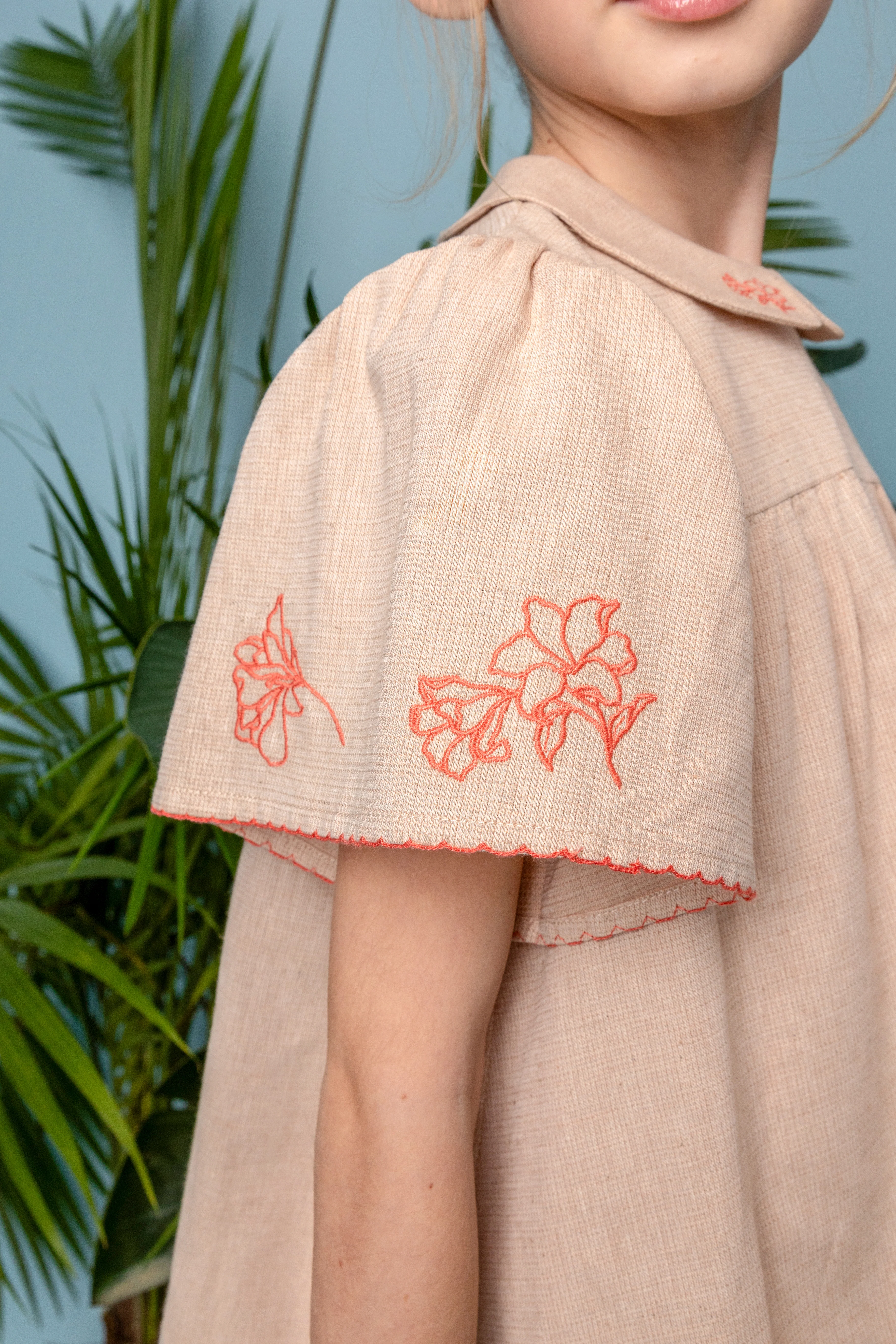 Belati Pink Collared Dress With Embroidered Sleeve Border (BDR518) - Image 3