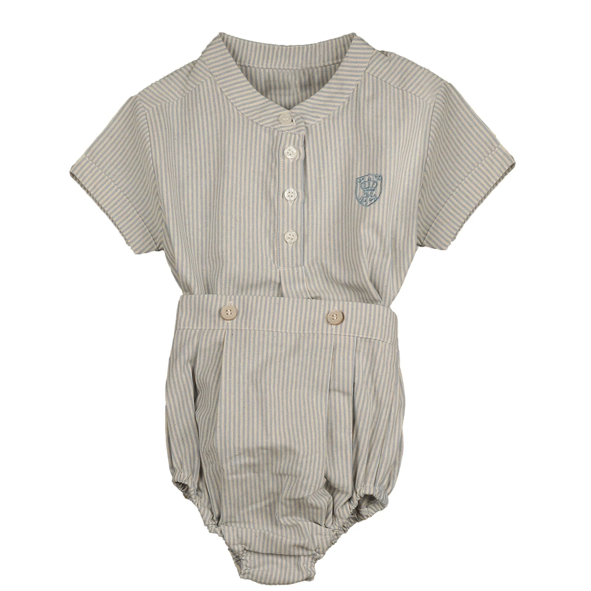 Belati Powder Blue Mandarin Collar Half Buttoned Striped Shirt And Bloomer Set (BSE571)