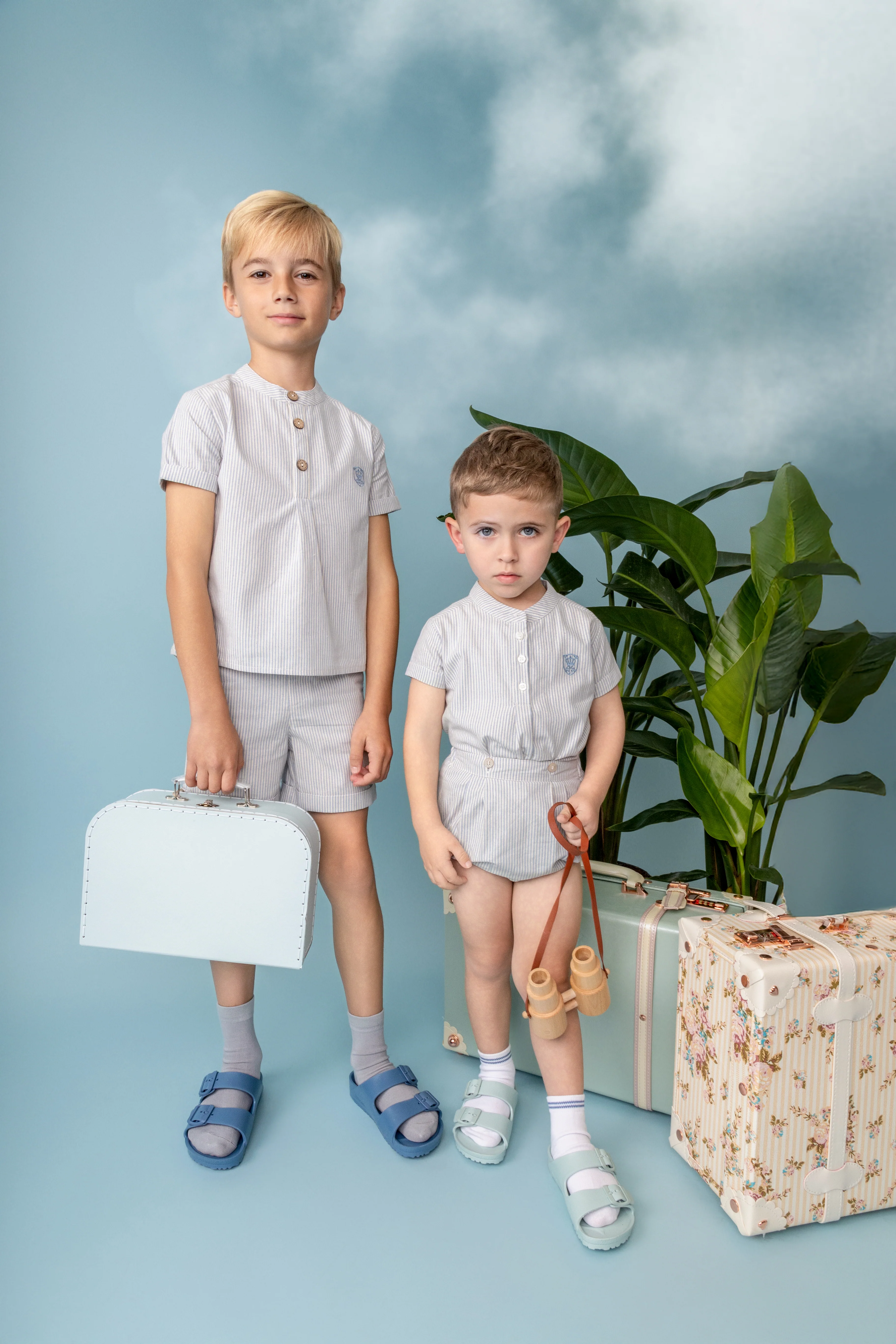 Belati Powder Blue Mandarin Collar Half Buttoned Striped Shirt And Bloomer Set (BSE571) - Image 2