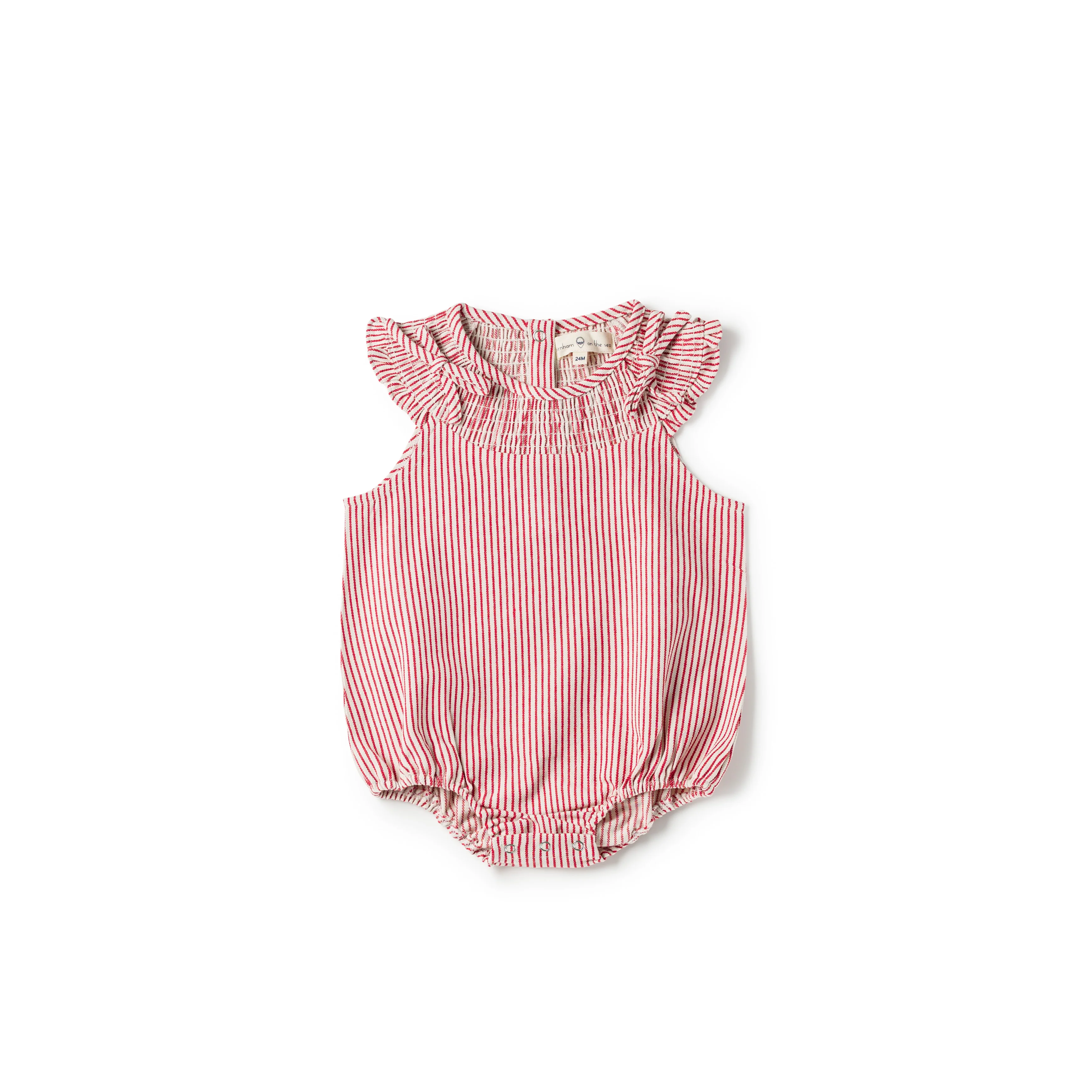 Birnham On The Sea Smocked Romper Denim Pink Stripe