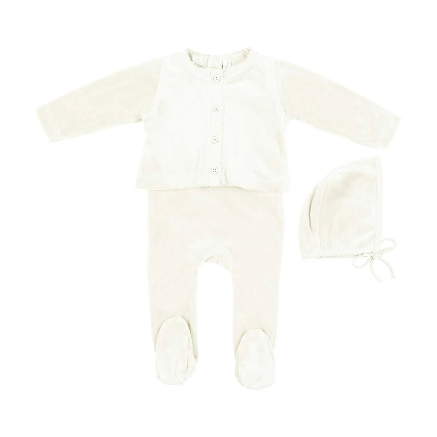 Bonjoy Ivory Velour Stretchie, Embossed Cardigan, & Beanie