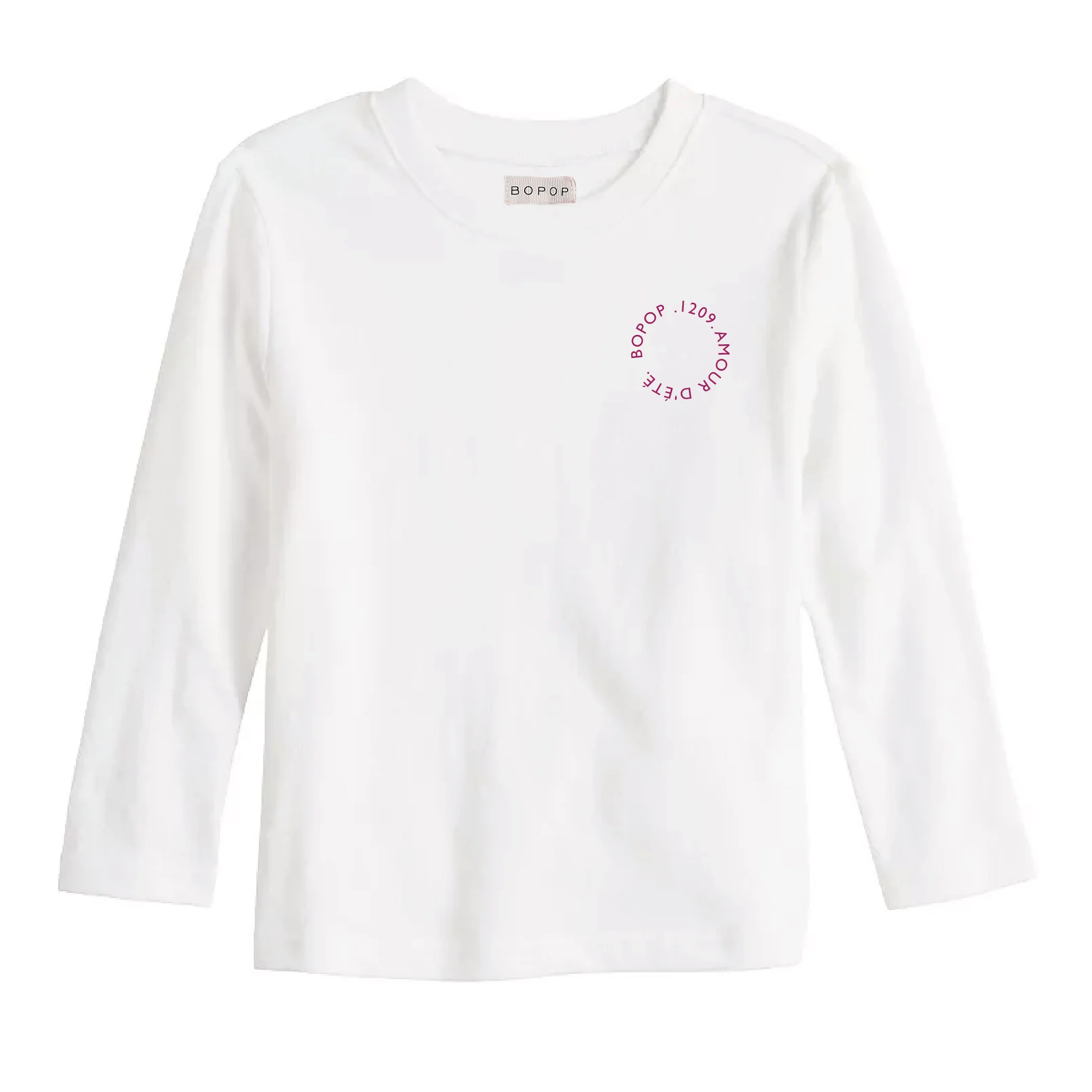Bopop White Tee - Raspberry Print - Long Sleeve (Raspberry Denim)
