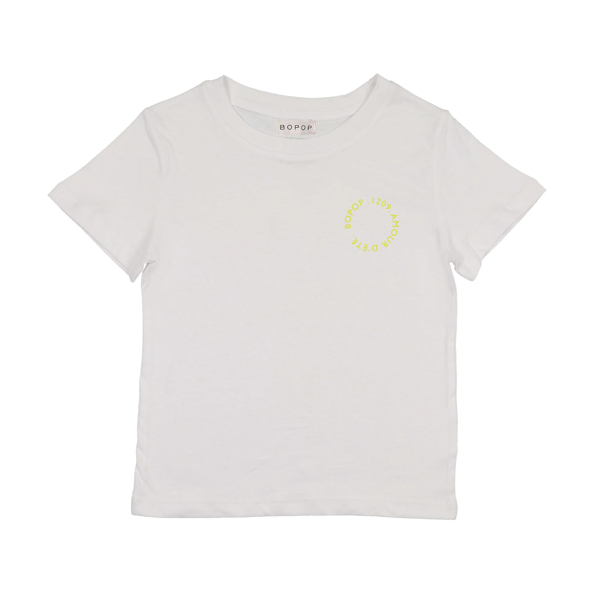 Bopop White Tee - Yellow Print - Short Sleeve (Grey Denim)