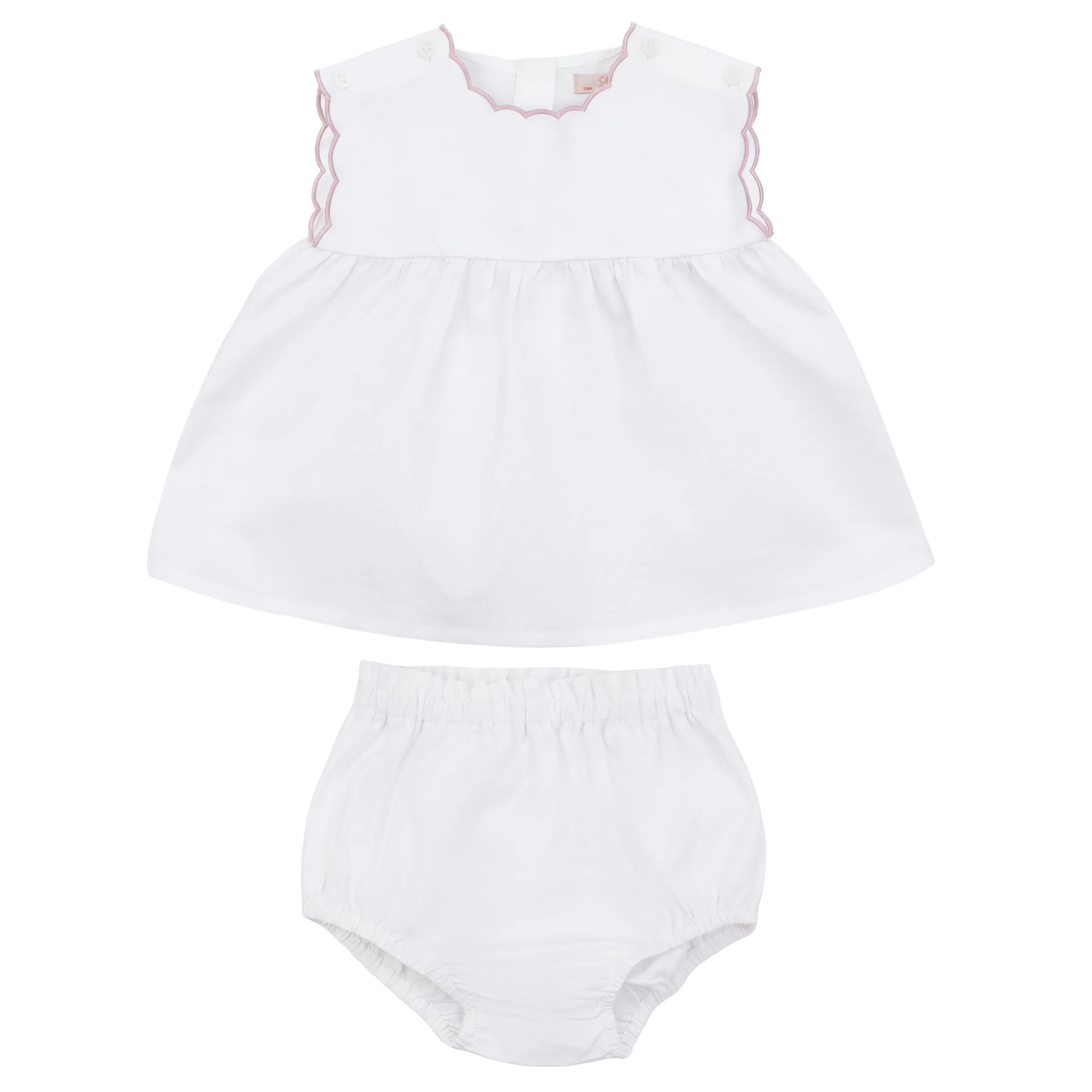 Calla Lili Baby Linen Set With Scallops - White/Dusty Pink