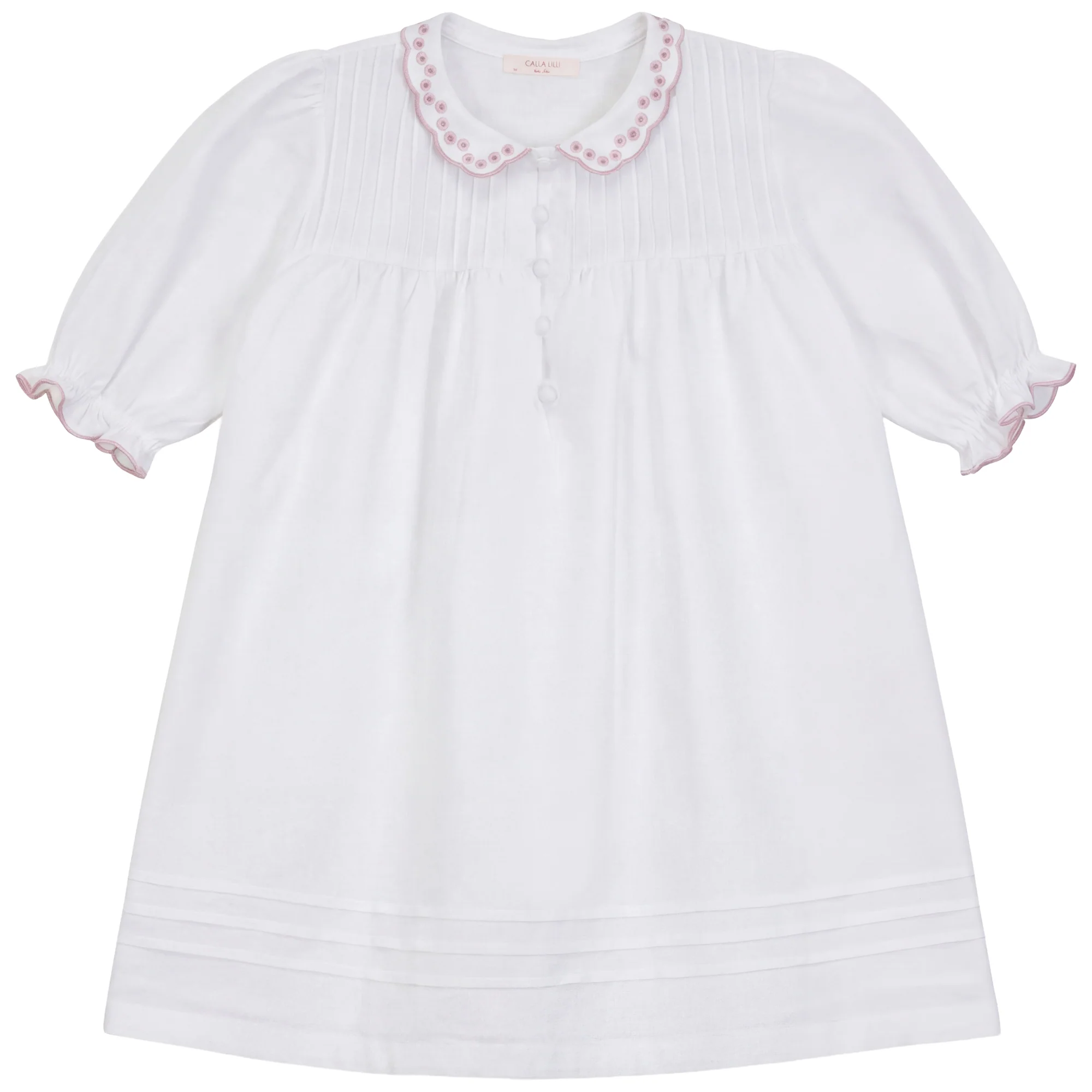 Calla Lili Girl Linen Dress With Scallops - White/Dusty Pink