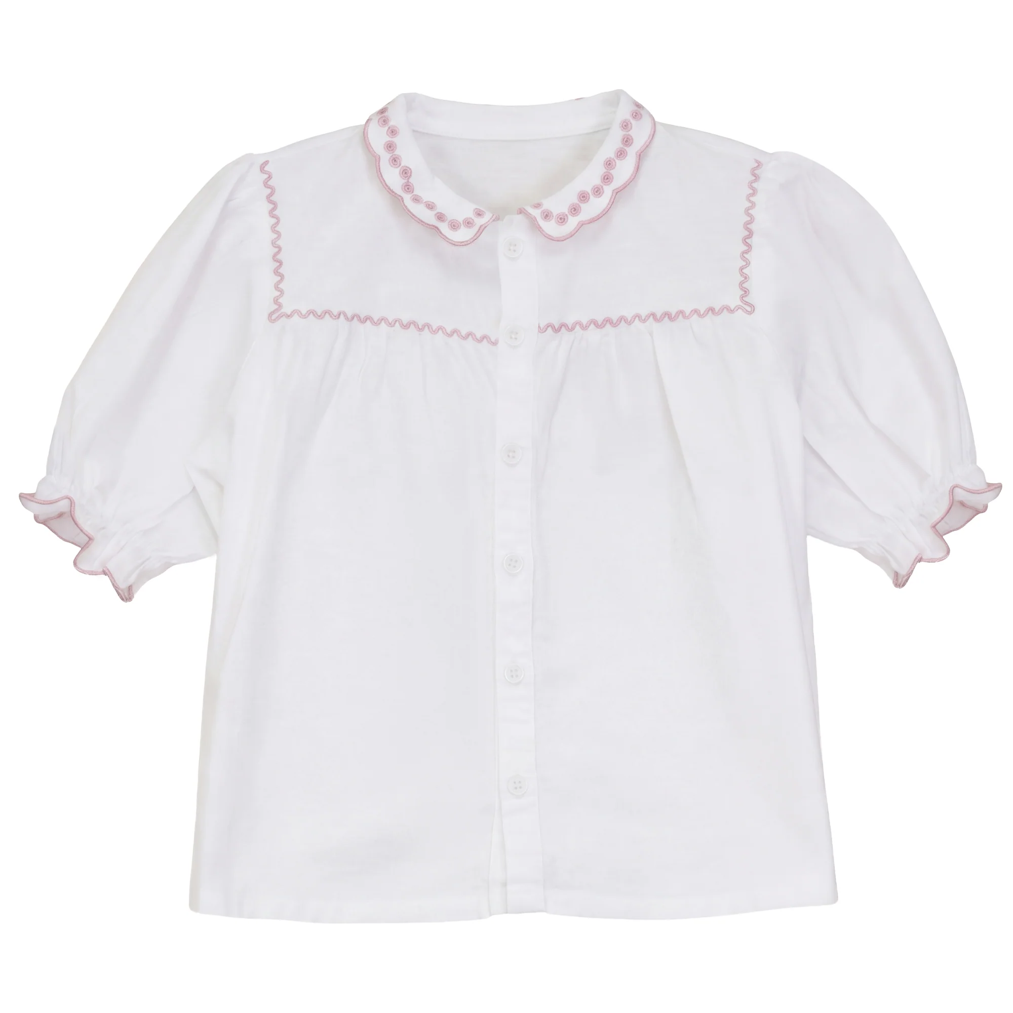 Calla Lili Girl Linen Shirt With Scallops - White/Dusty Pink