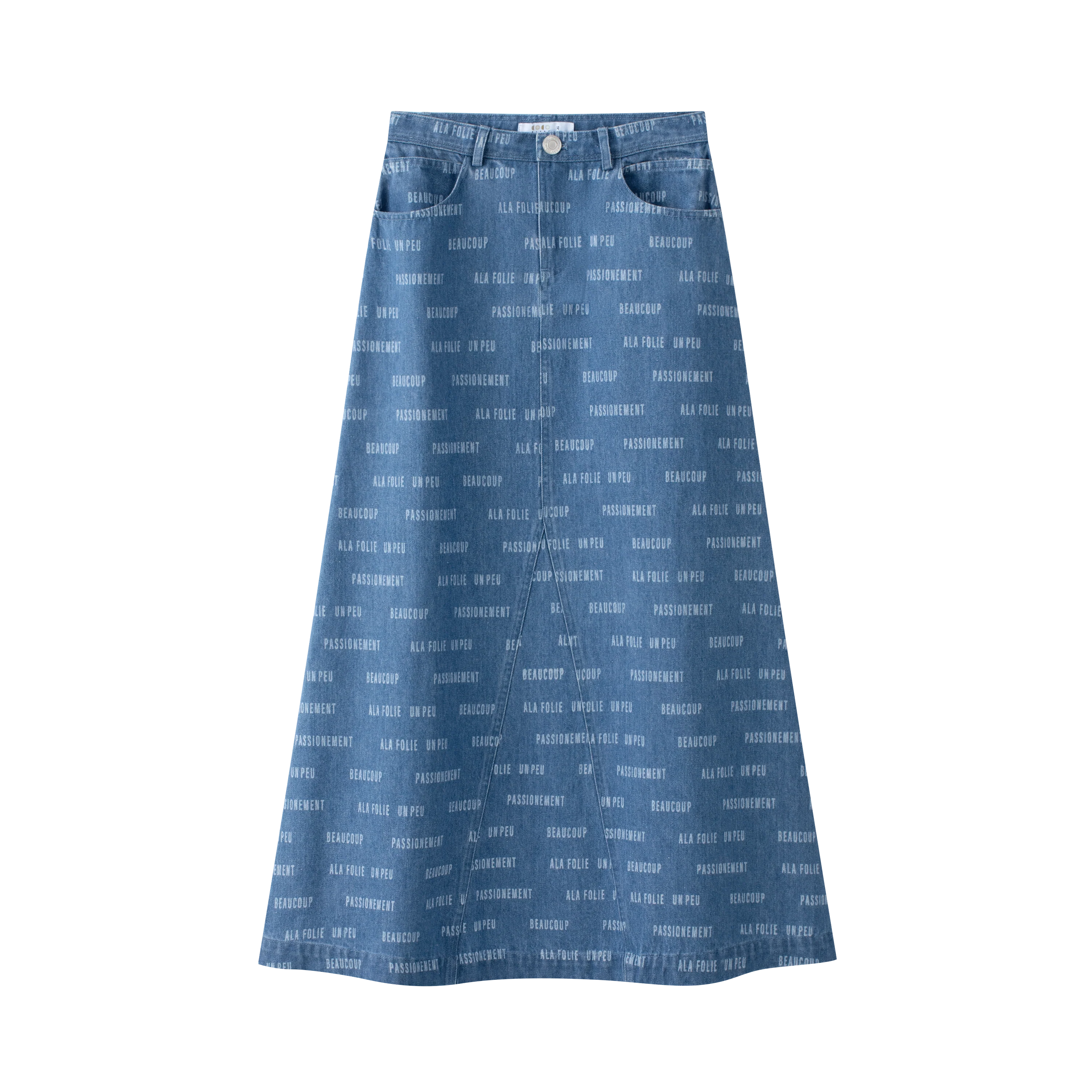 Coco Blanc Blue Denim Printed Denim Skirt Midi SS26
