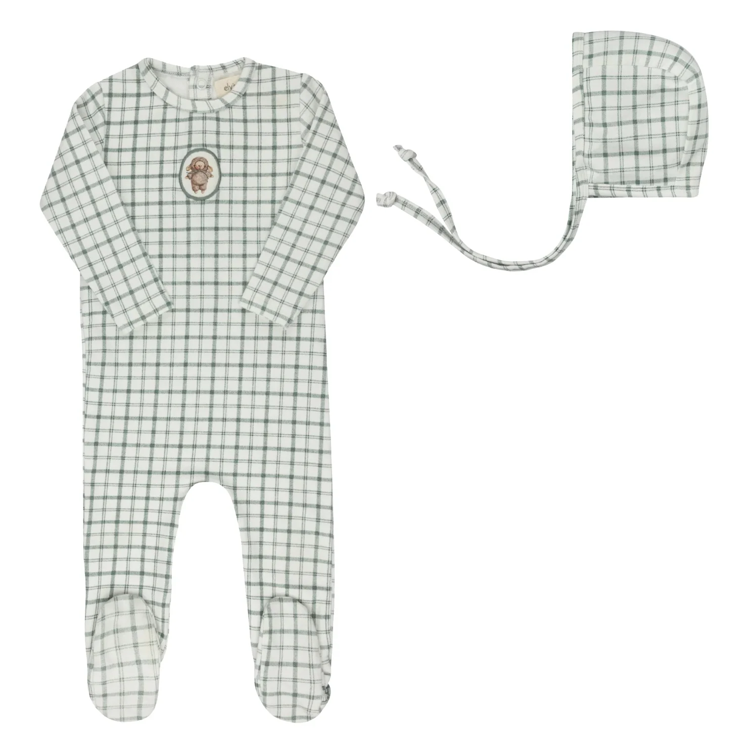 Ely's & Co. Blue Footie + Beanie Modal French Terry Plaid Sheep Collection