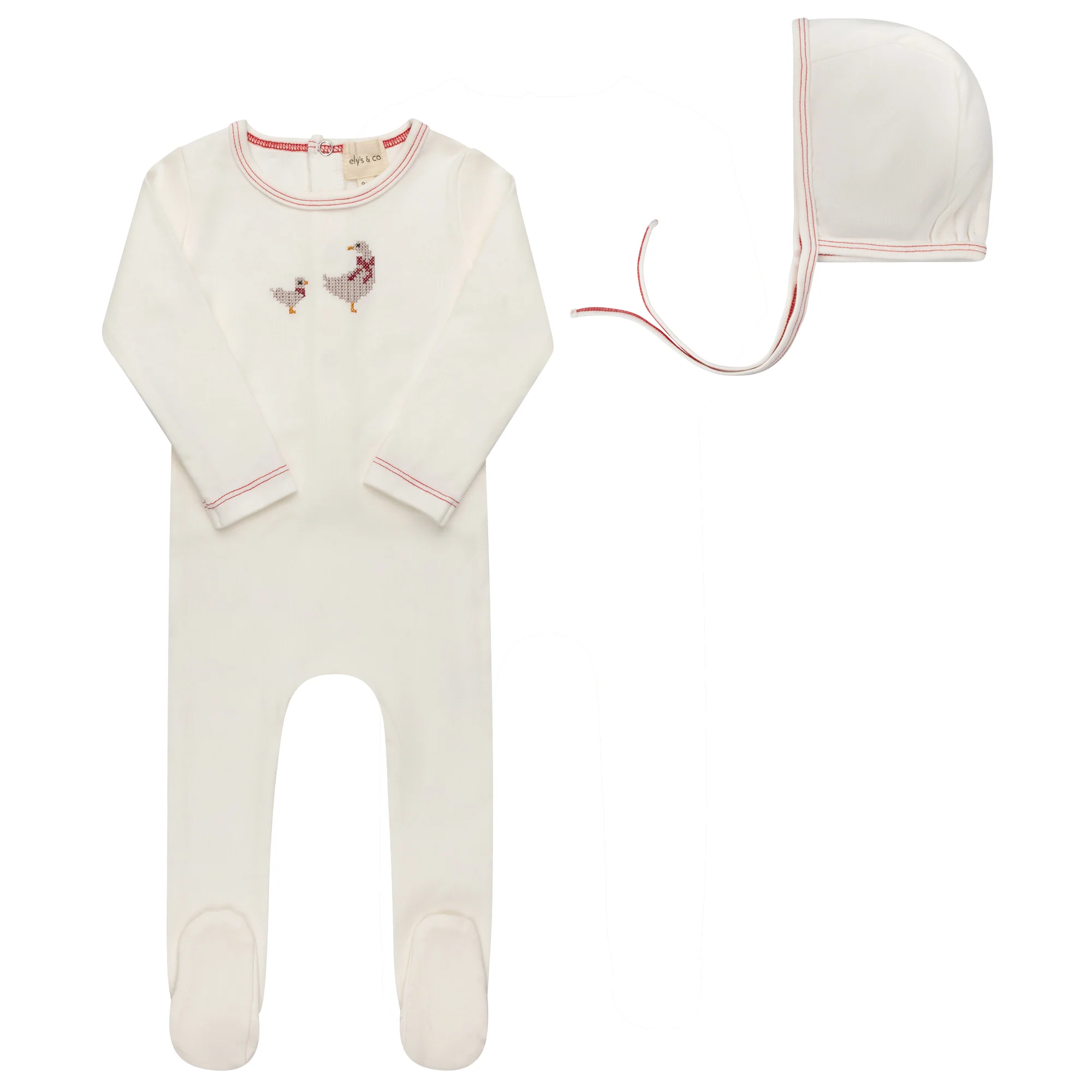 Ely's & Co Cotton Cross Stitch Duckling Collection Ivory Pink Footie + Bonnet