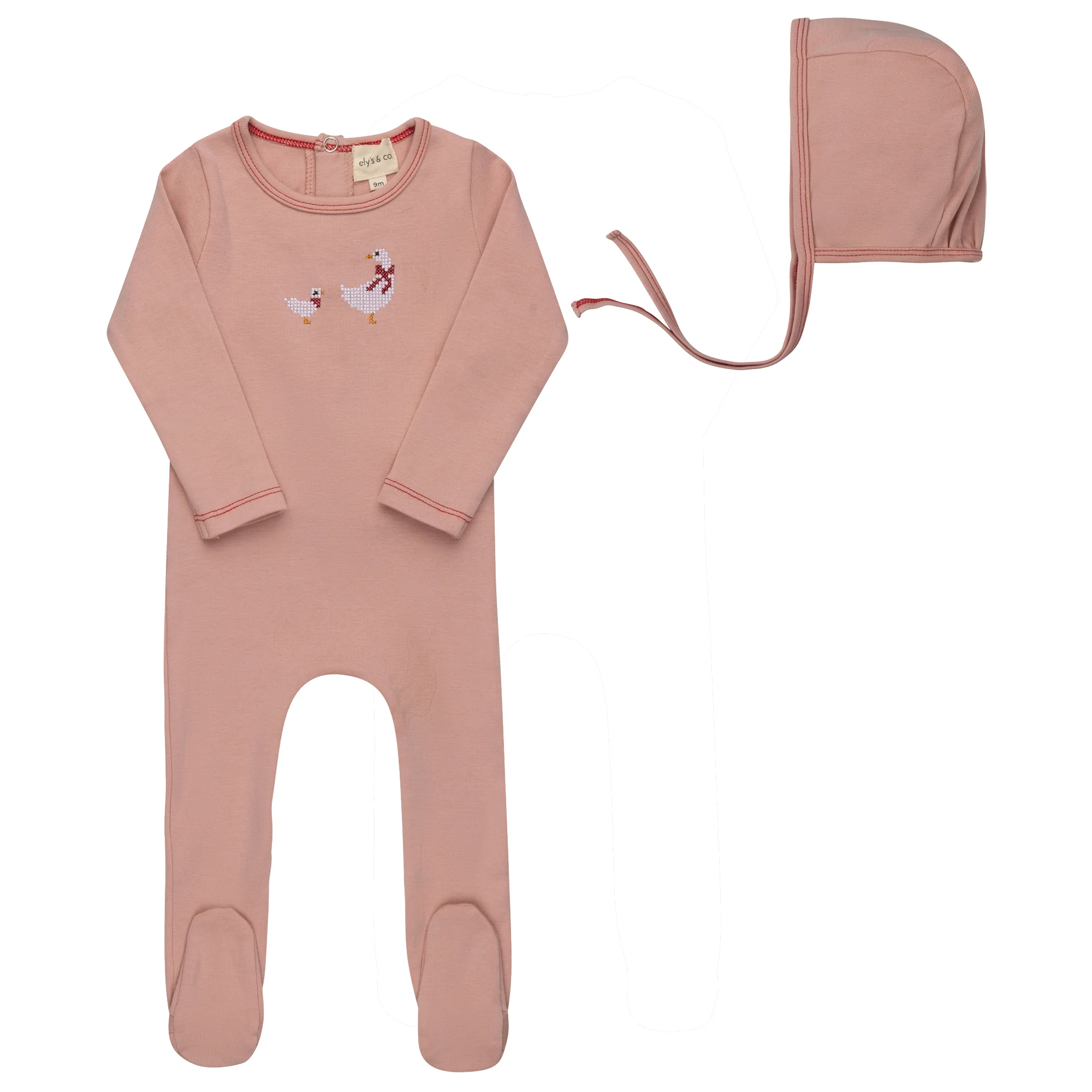 Ely's & Co Cotton Cross Stitch Duckling Collection Pink Footie + Bonnet