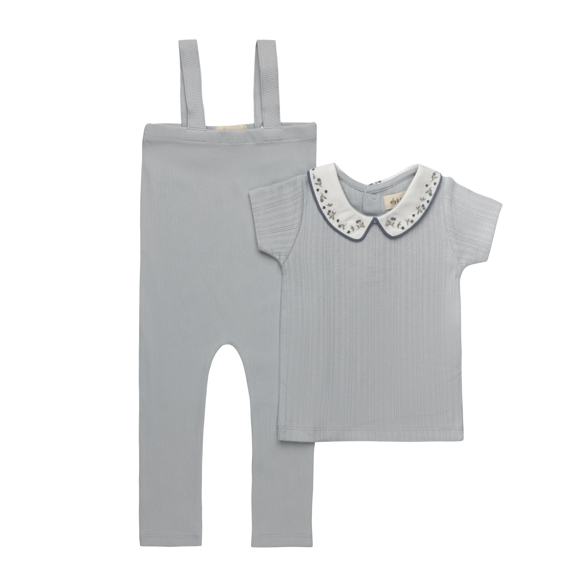 Ely's & Co Floral Embroidered Collar Collection Blue Tshirt And Overalls