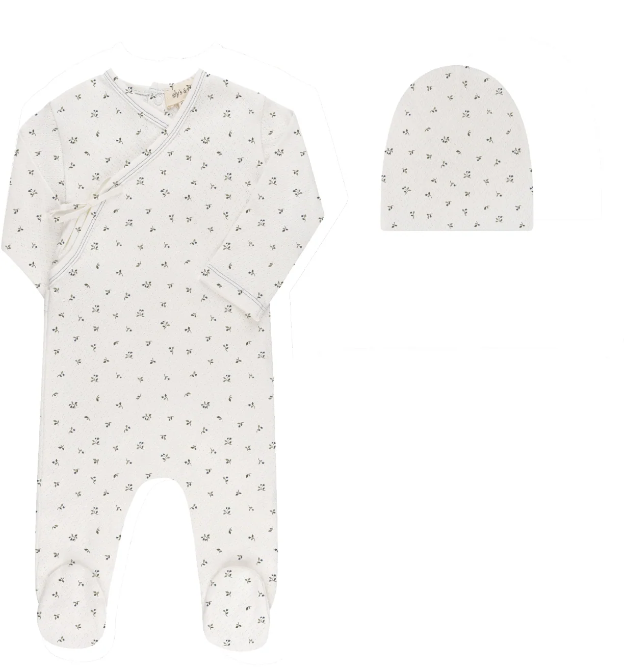 Ely's & Co Floral Pointelle Collection Ivory Blue Footie + Beanie
