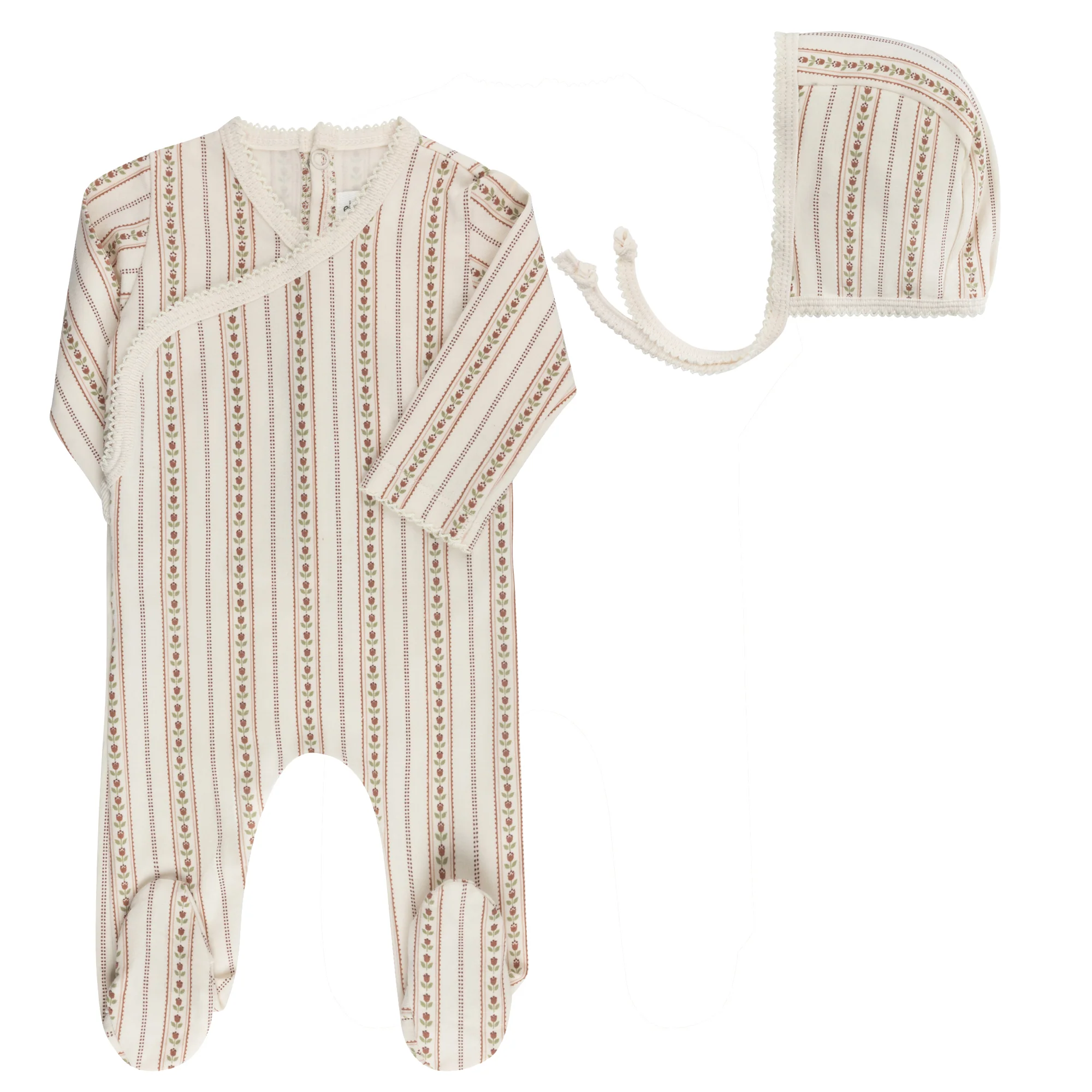 Ely's & Co Jersey Cotton Linear Tulip Ivory Pink Footie + Bonnet