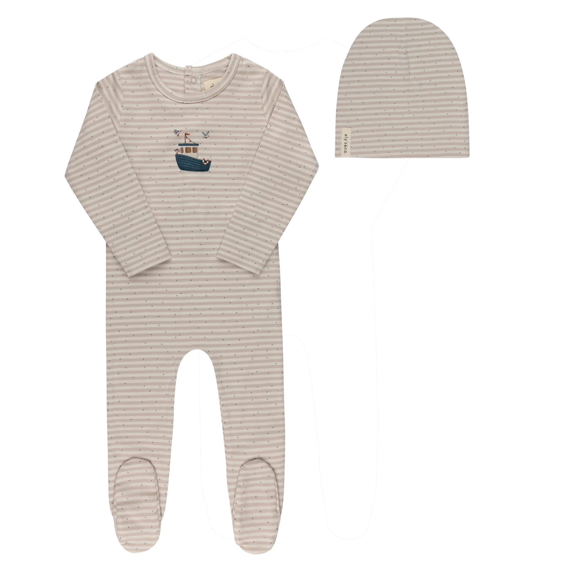 Ely's & Co Nautical Stripe Collection Tan Footie + Beanie