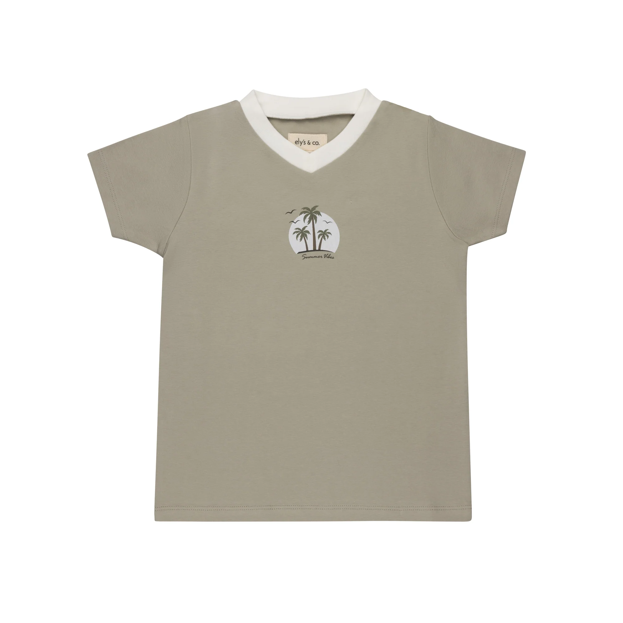 Ely's & Co Ribbed Printed Palm Collection Sage French Terry Vneck Tee