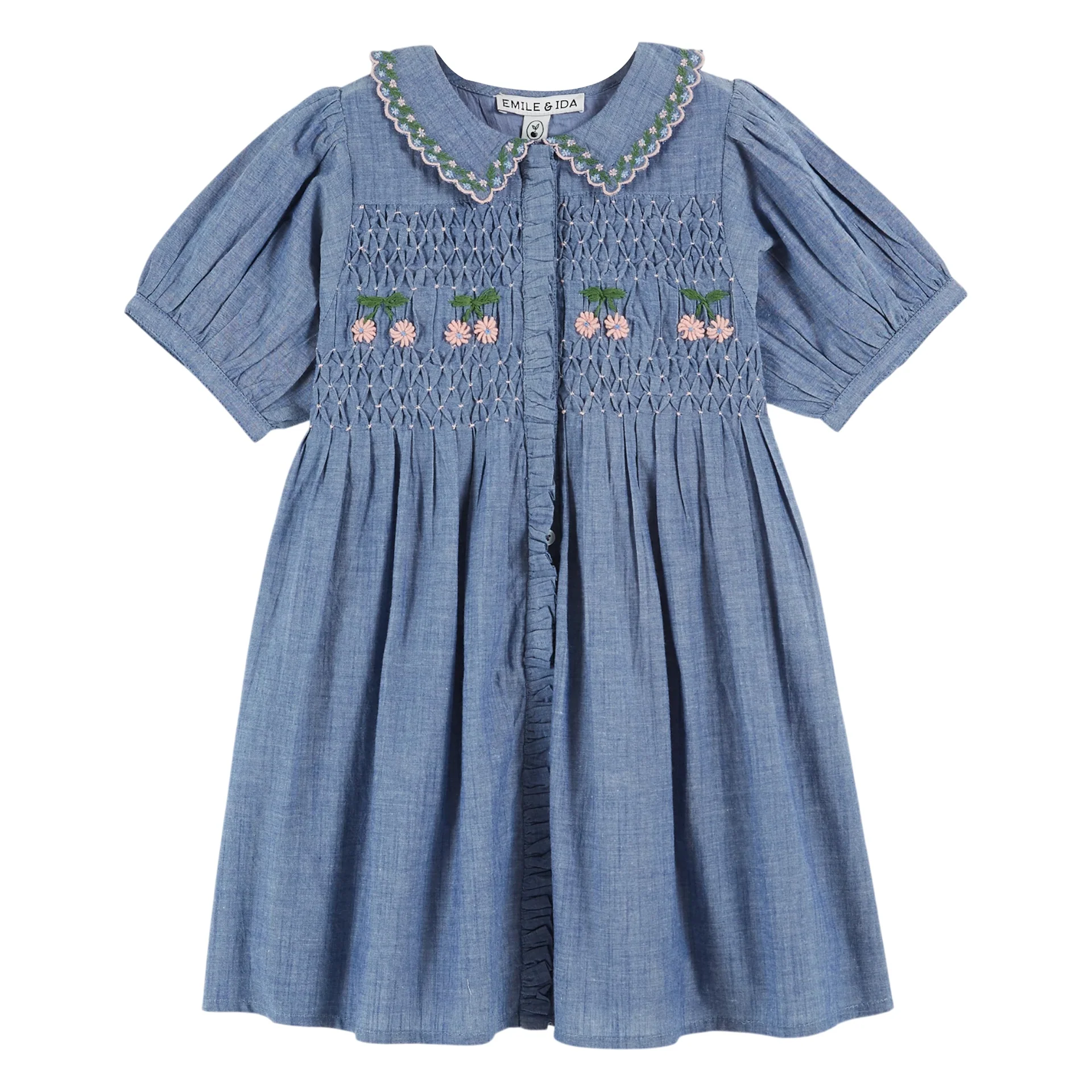 Emile Et Ida Smocked Hand Embroidered Dress (AD156A) - Chambray