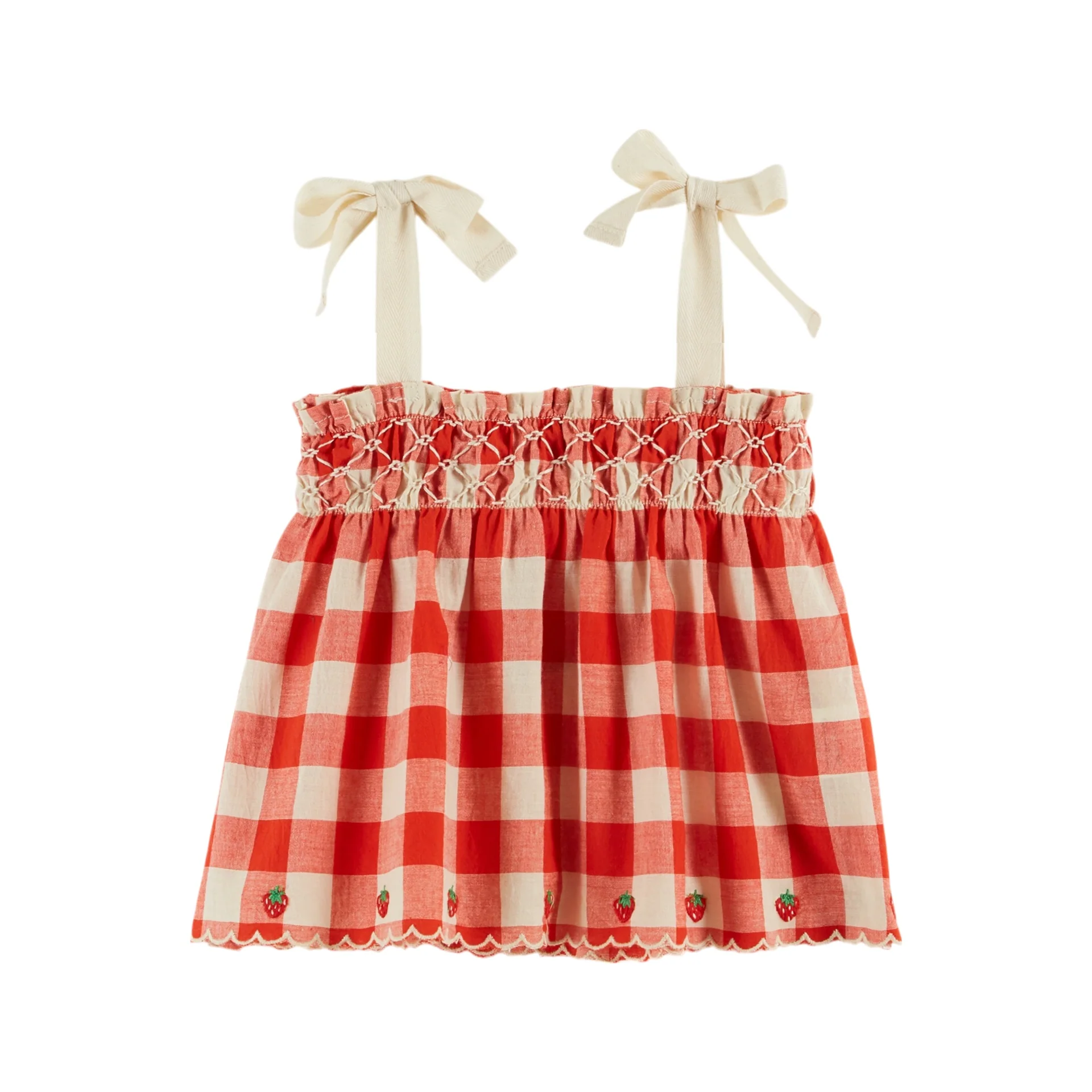 Emile Et Ida Strawberry Embroidered Strap T (AD168) - Vichy Rouge
