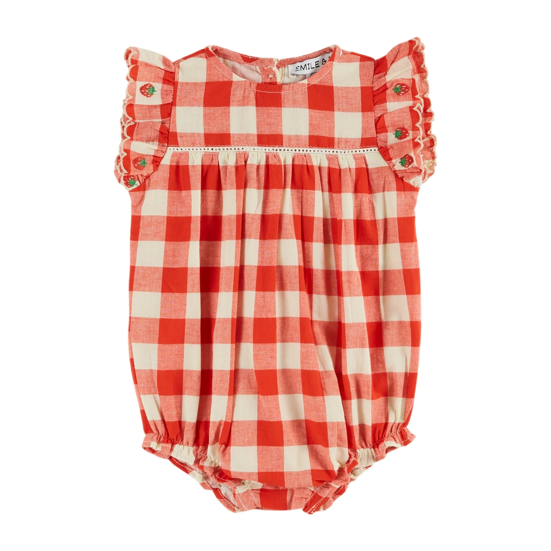 Emile Et Ida Strawberry Embroidered Romper (AD169) - Vichy Rouge