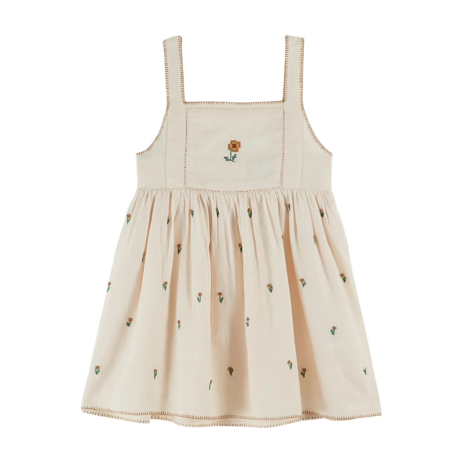 Emile Et Ida All Over Hand-Embroidery Dress 100% Cotton Made In India (AD195) - Creme