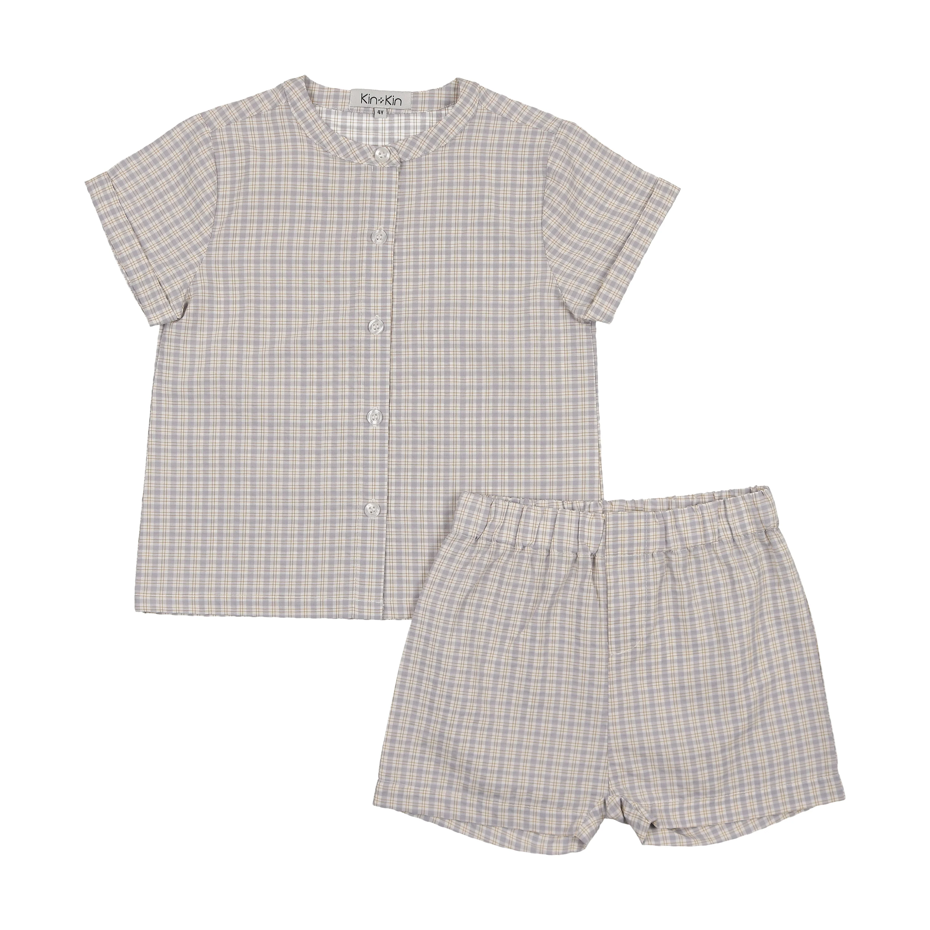 Kin + Kin Sky blue / white plaid Boys round neck shirt + shorts (K250)