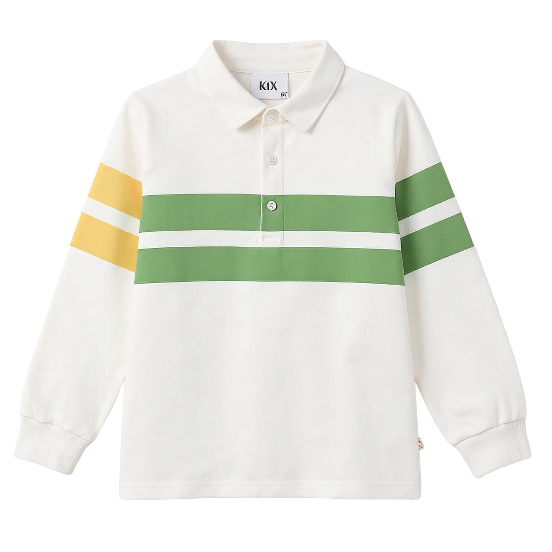 Kix White/Green/Yellow Color Block Stripe Ls Polo K7250