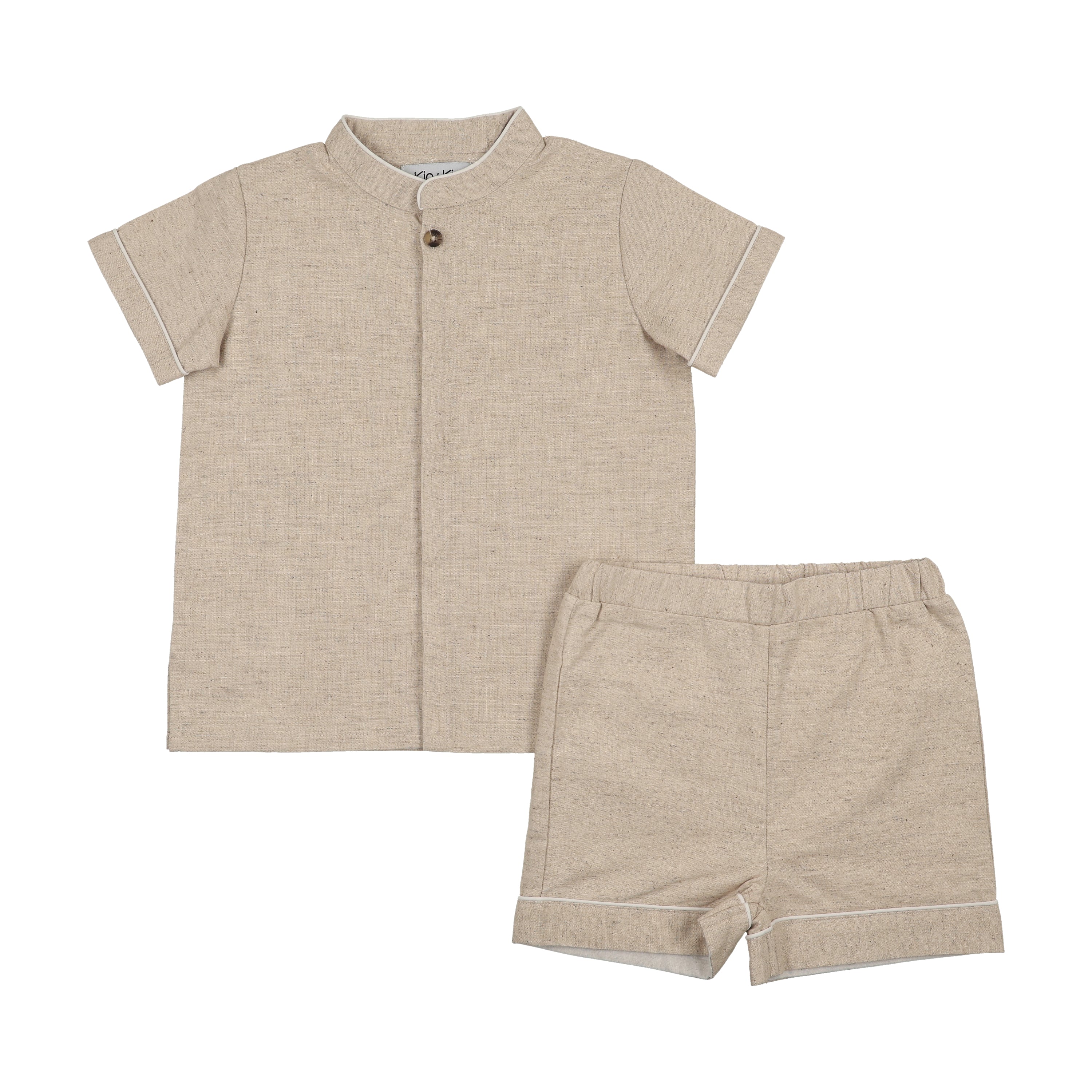 Kin And Kin Stand Up Collar Shirt+Shorts Shabbos Set - Beige/ White Piping