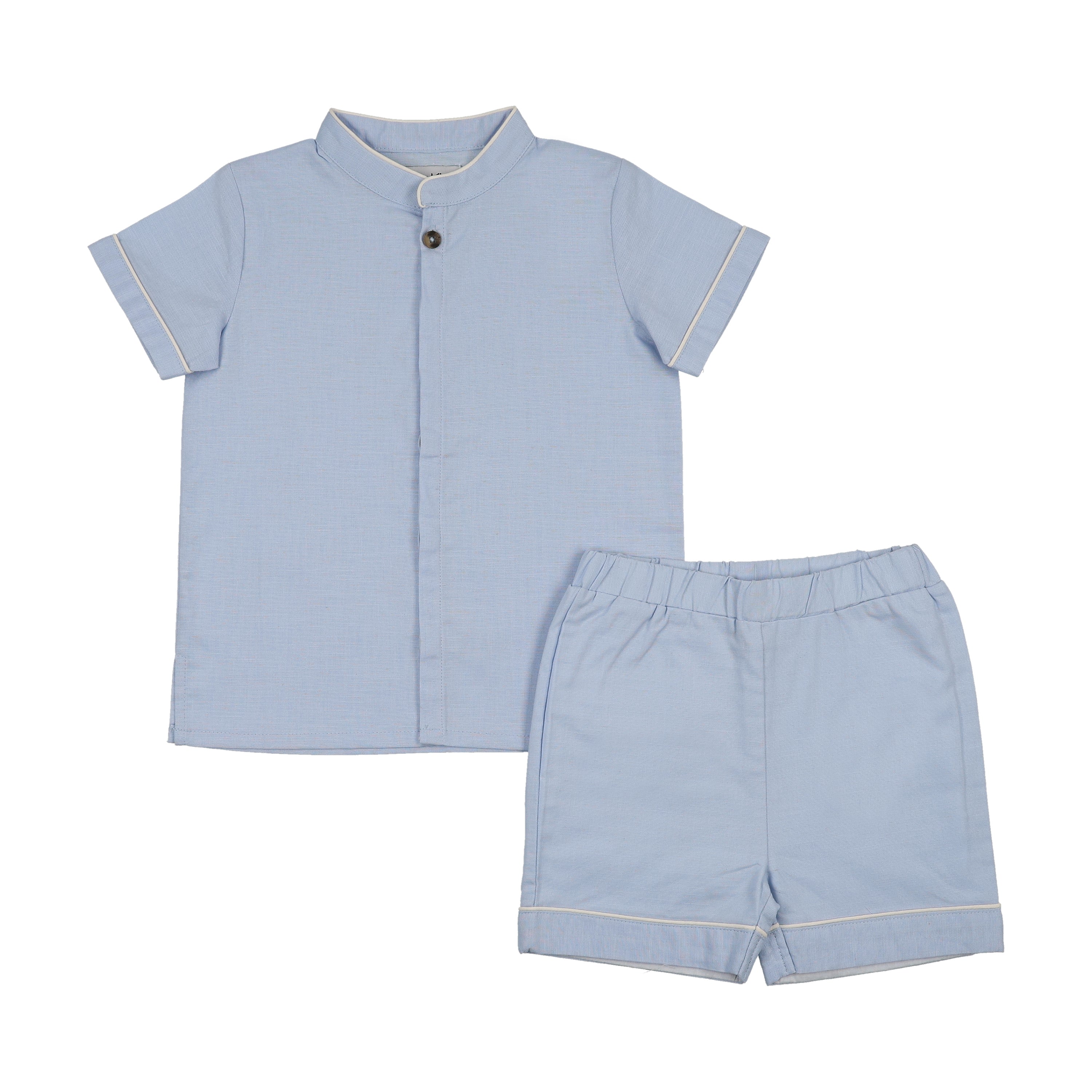 Kin And Kin Stand Up Collar Shirt+Shorts Shabbos Set - Light Blue / White Piping