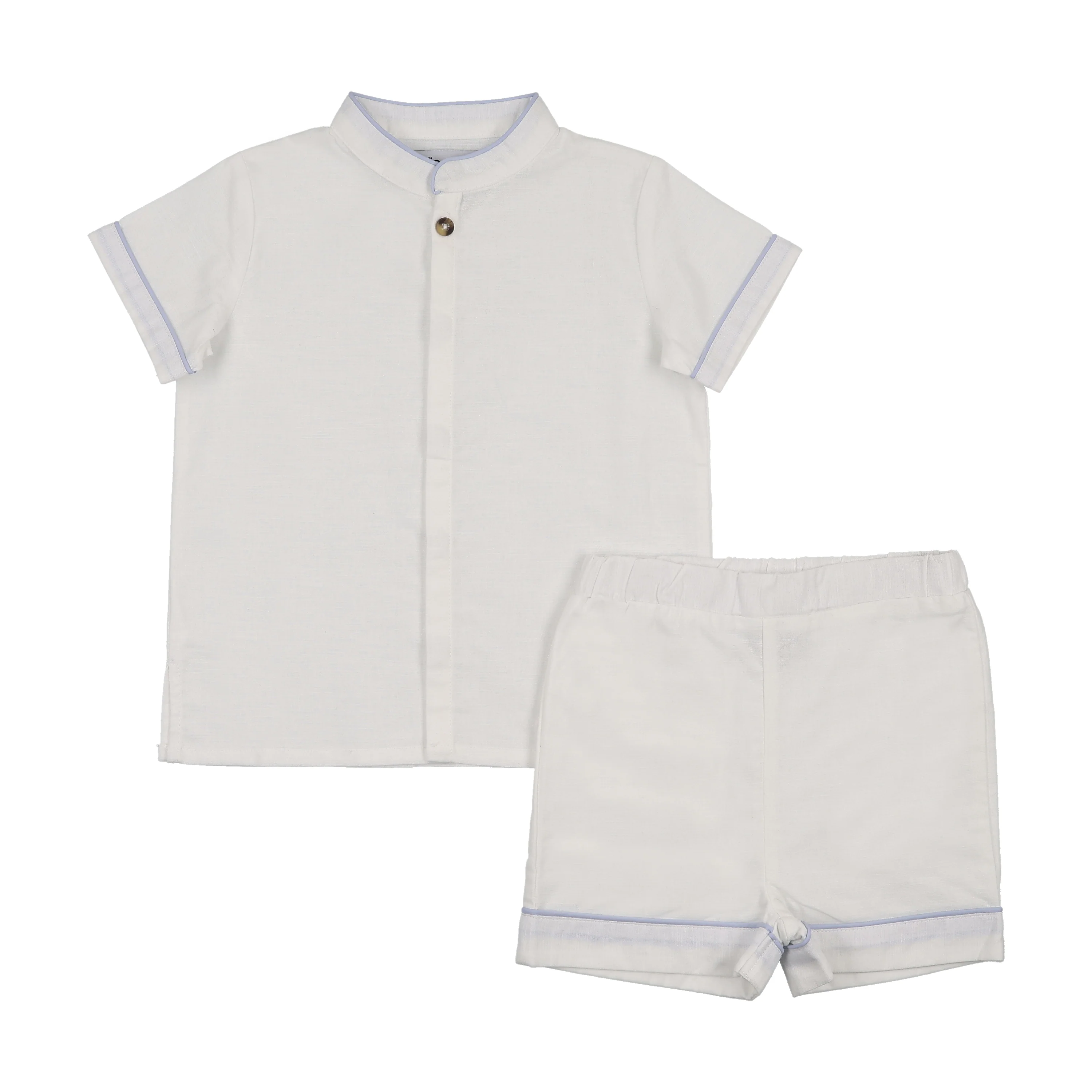 Kin And Kin Stand Up Collar Shirt+Shorts Shabbos Set - White/ Light Blue Piping