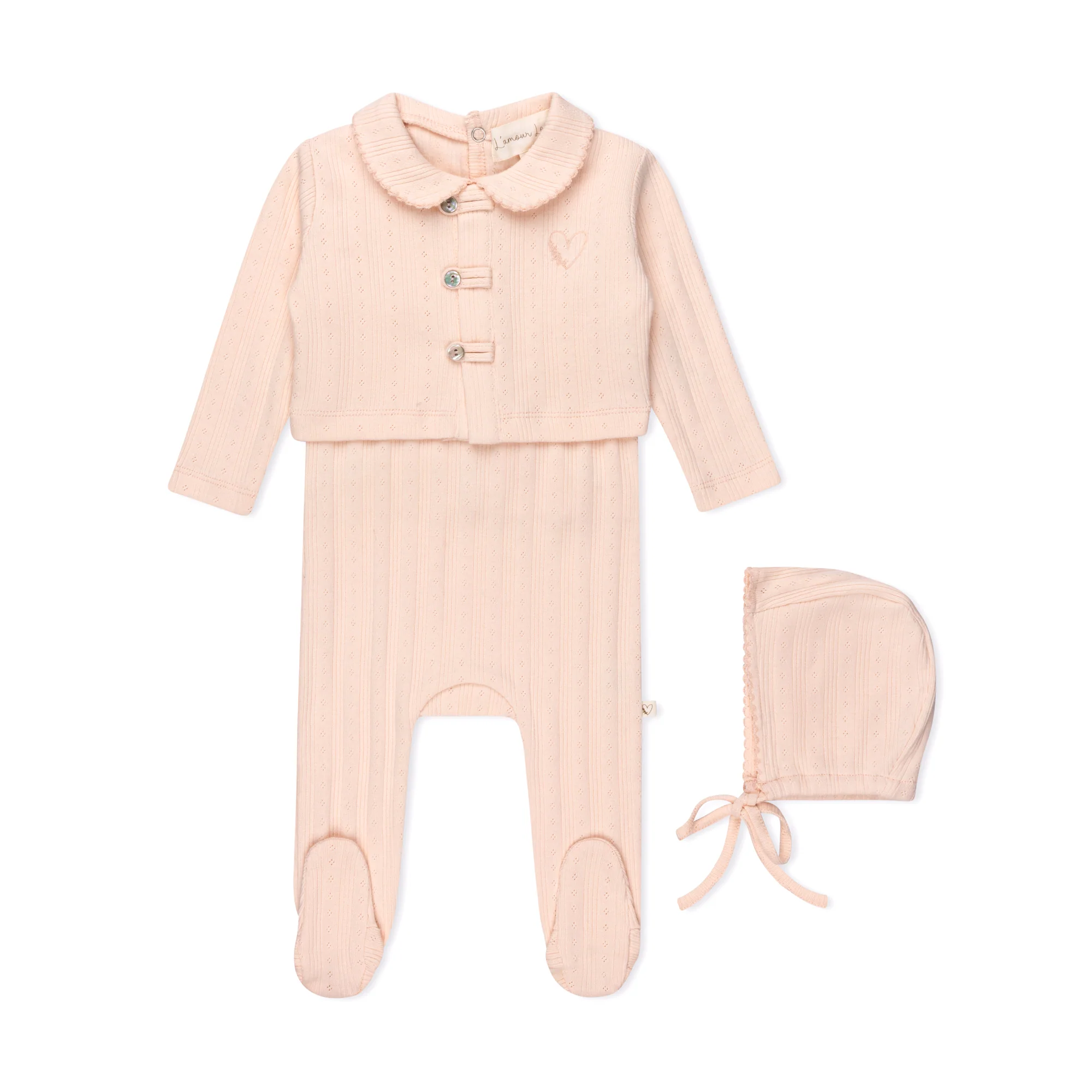 Lamour Lou Mauve Variegated Ribbed Romper & Cardigan Set-Bonnet Included