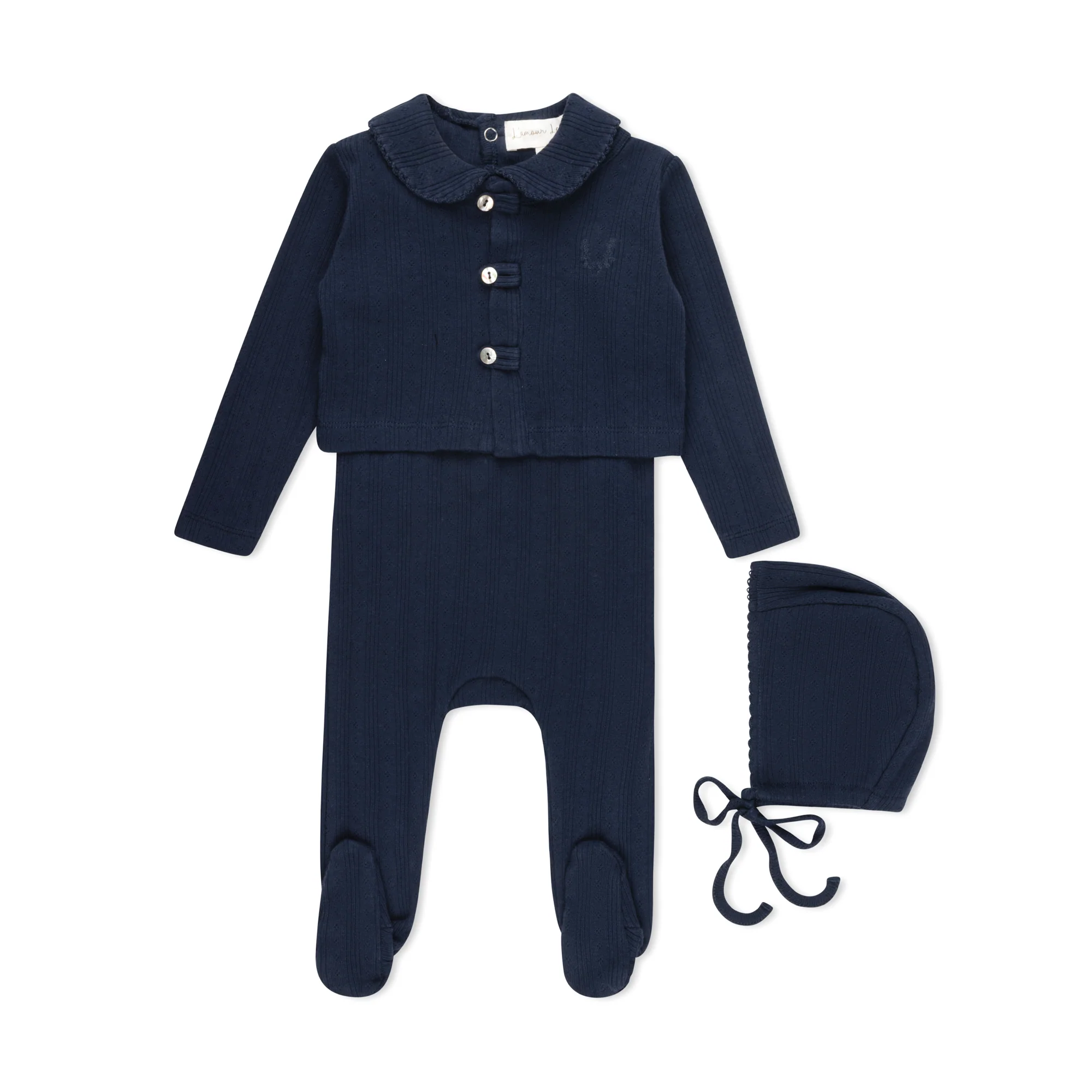 Lamour Lou Navy Variegated Ribbed Romper & Cardigan Set-Bonnet Included