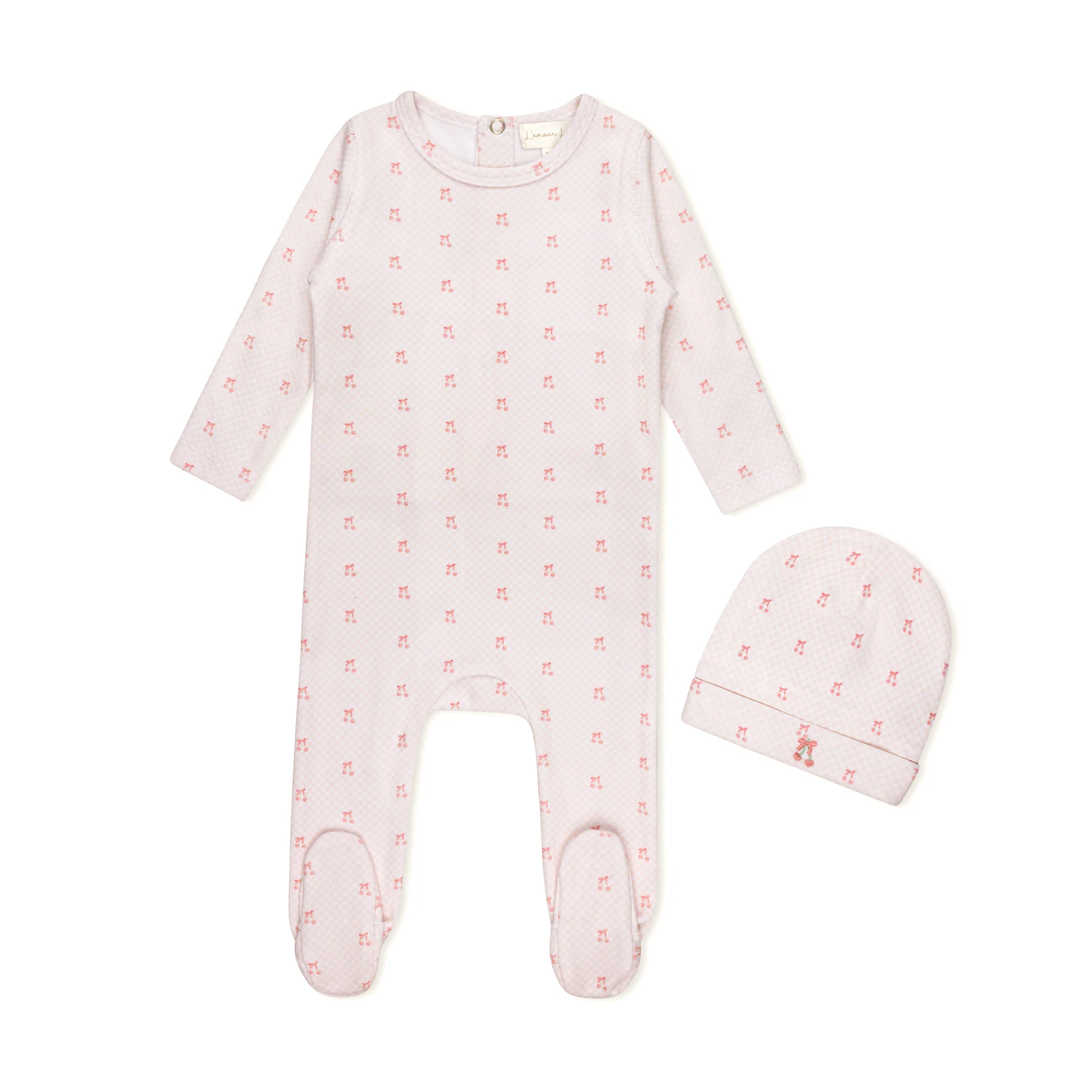 Lamour Lou Pink Checkerboard Cherry Footie+Beanie
