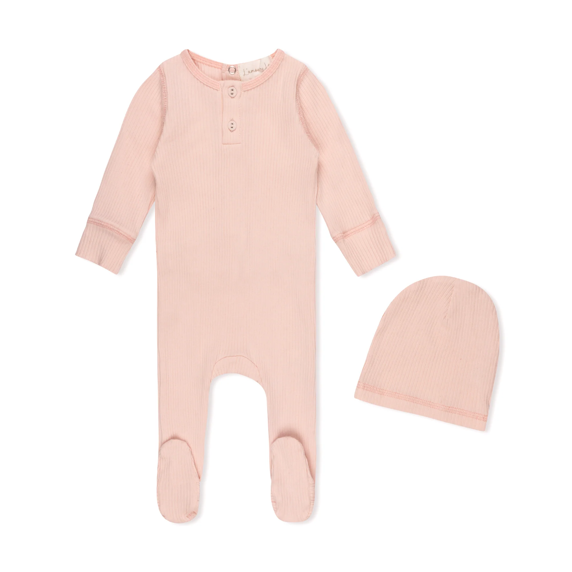 Lamour Lou Pink Ribbed Henley Footie+Hat