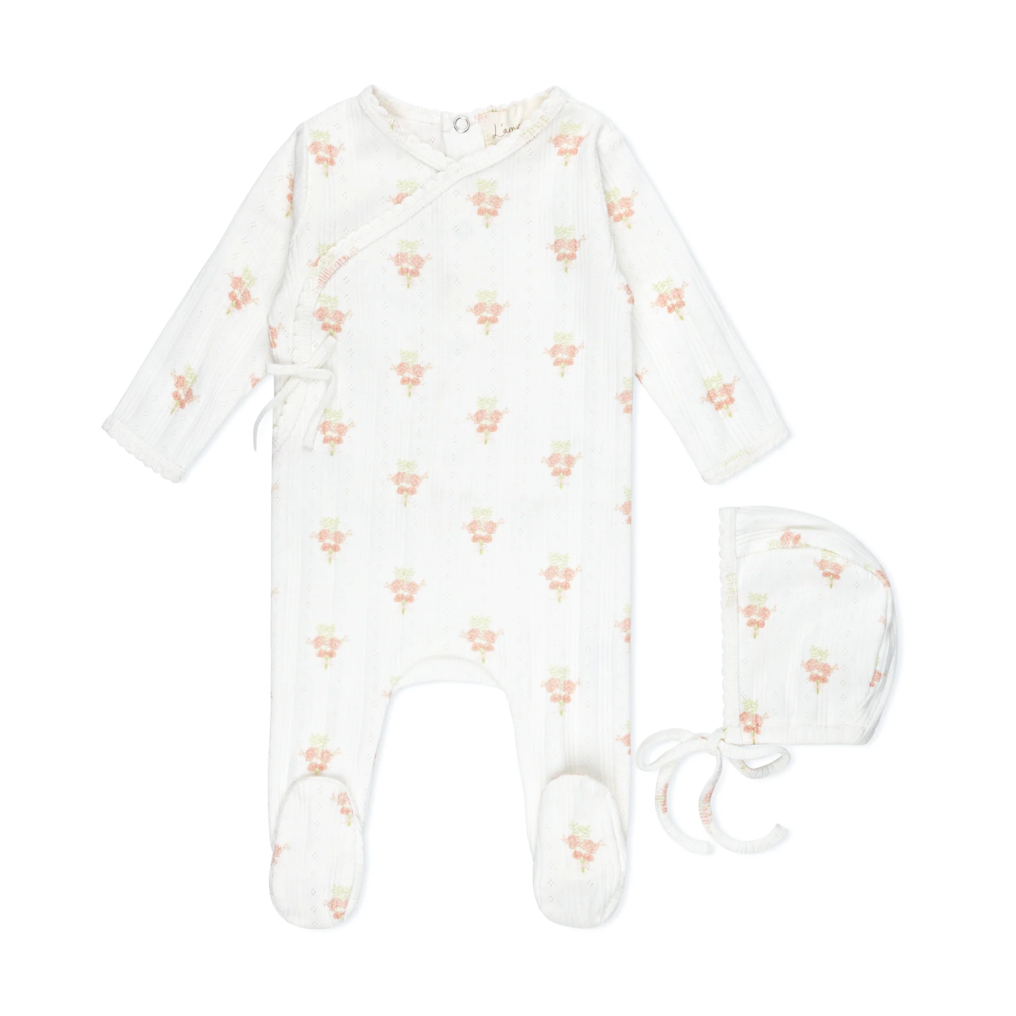 Lamour Lou Sand & Pink Print Flower Bouquet Pointelle Footie + Bonnet