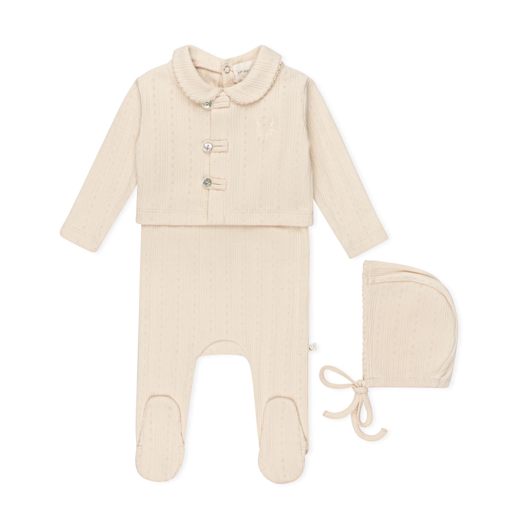 Lamour Lou Sand Variegated Ribbed Romper & Cardigan Set-Bonnet Included